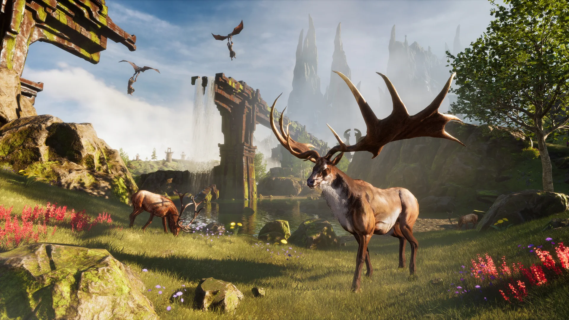 A giant elk stands in a green valley beneath ruined stone arches and tall rock spires, in Conan Exiles Enhanced