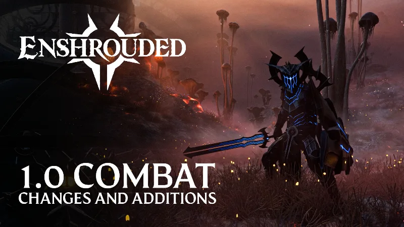 Enshrouded 1.0 Combat key art: an armoured Flameborn with a glowing blue sword