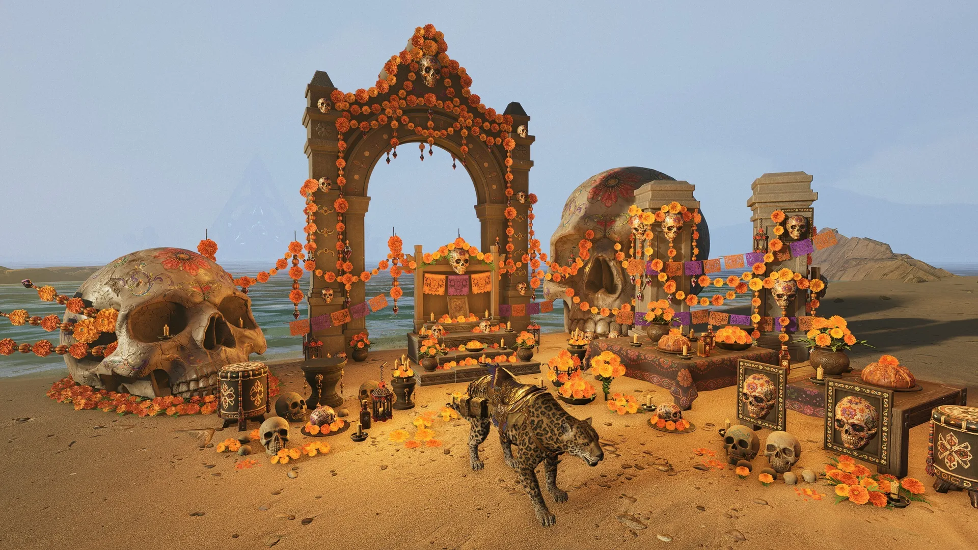A Día de Muertos altar draped in marigolds, with painted skulls and a jaguar on a beach, from Soulmask's Bone Bash festival