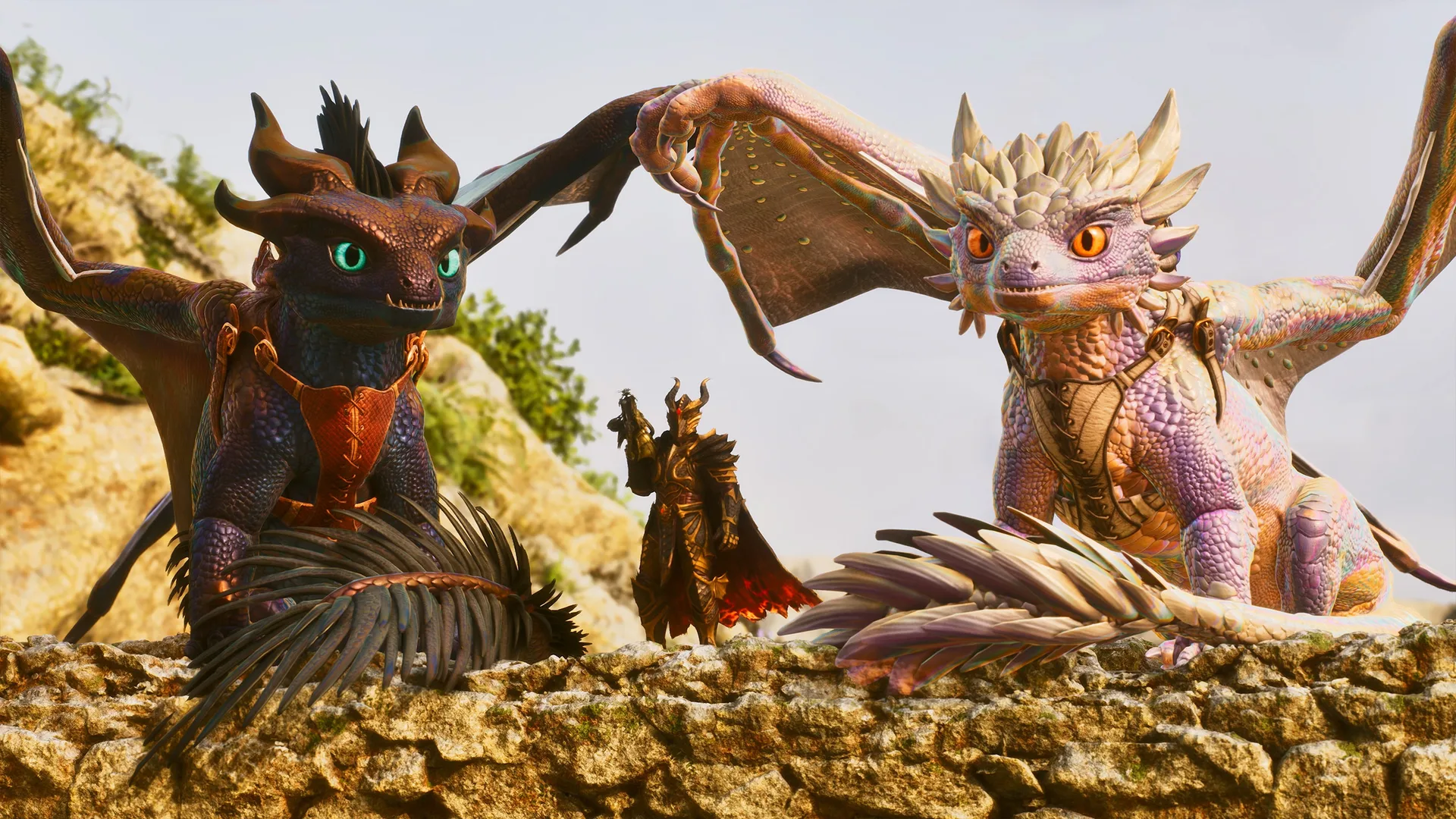 Umbra and Lumina, a dark dragon and a pale dragon, beside an armoured dragonrider in ARK: Dragontopia key art