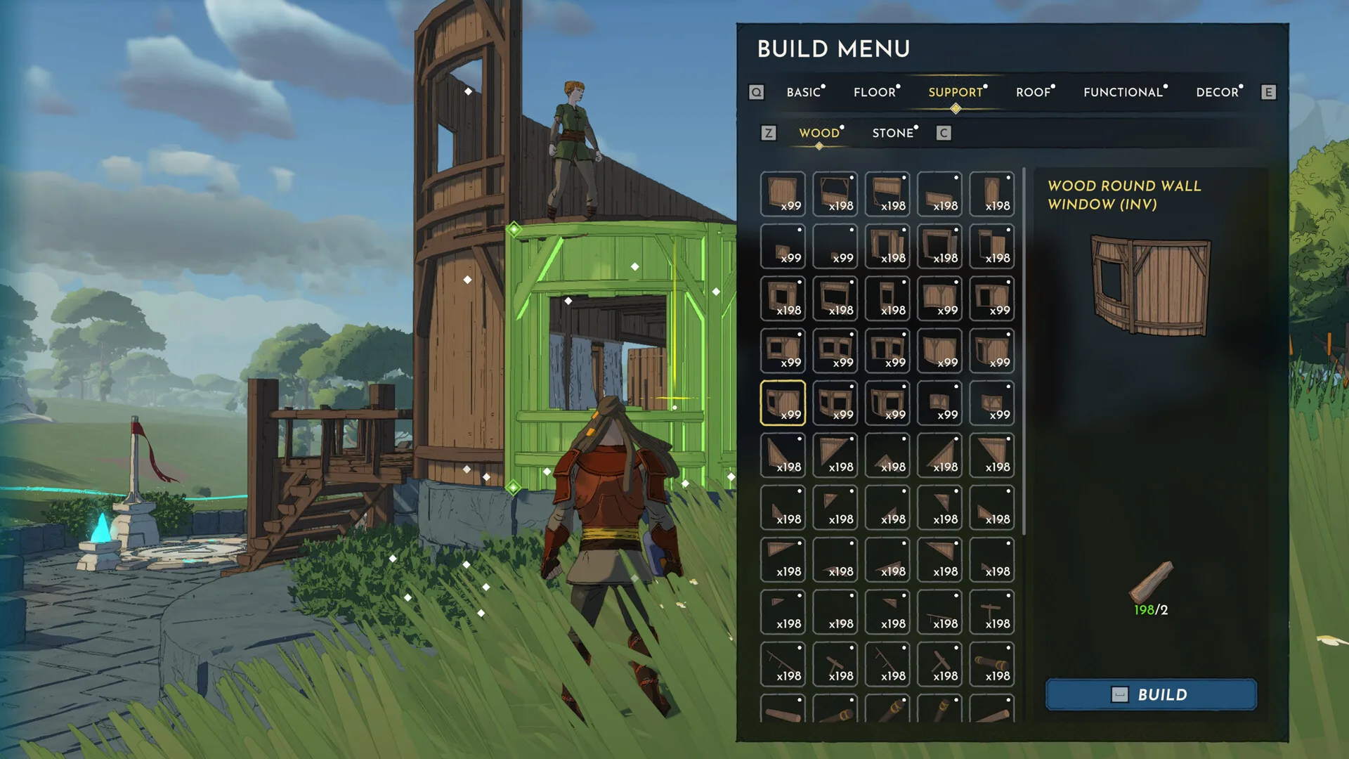 The Stormforge build menu open on the Wood set, with a round wooden tower under construction behind it