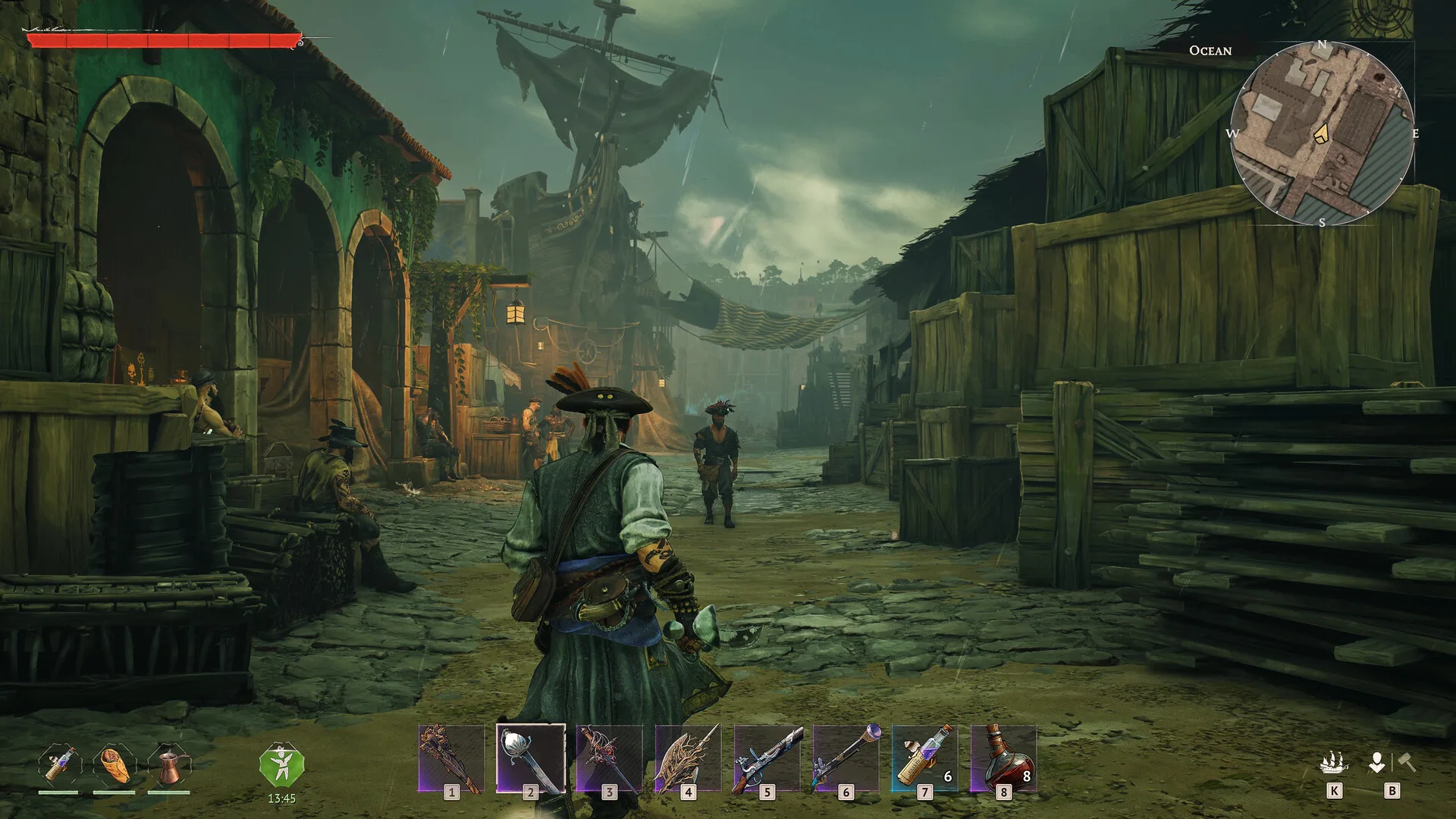 A Windrose pirate walking through a rainy harbour town with a ship moored behind
