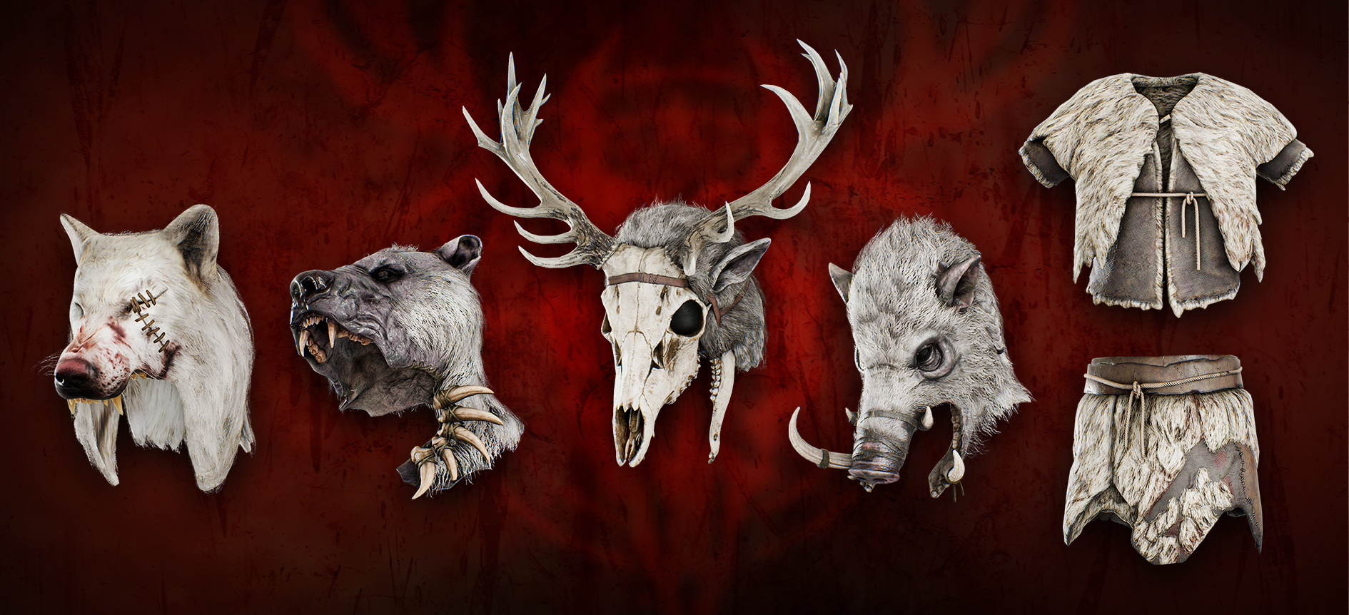 Wolf, bear, deer and boar head pieces and a fur vest and skirt, crafted from mutant animal materials in SCUM