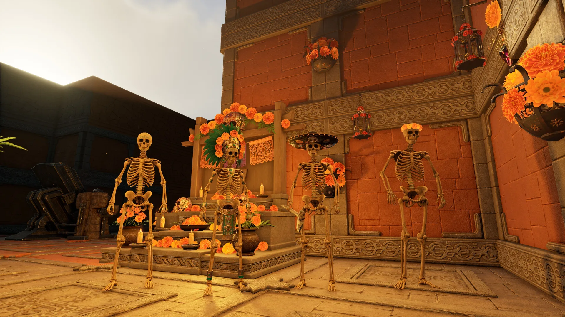 Four skeletons in festival headpieces standing around a decorated altar inside a stone building