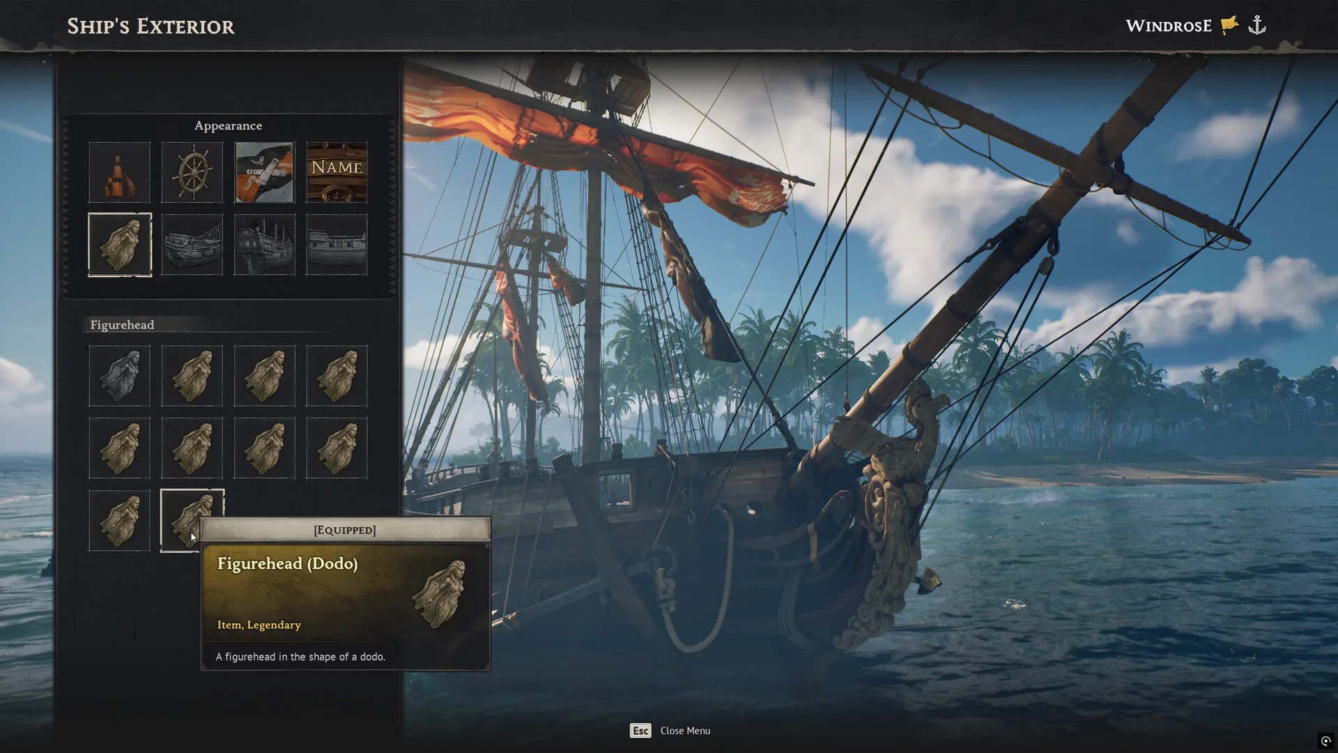 The Ship's Exterior menu showing figurehead options, with the ship visible behind it