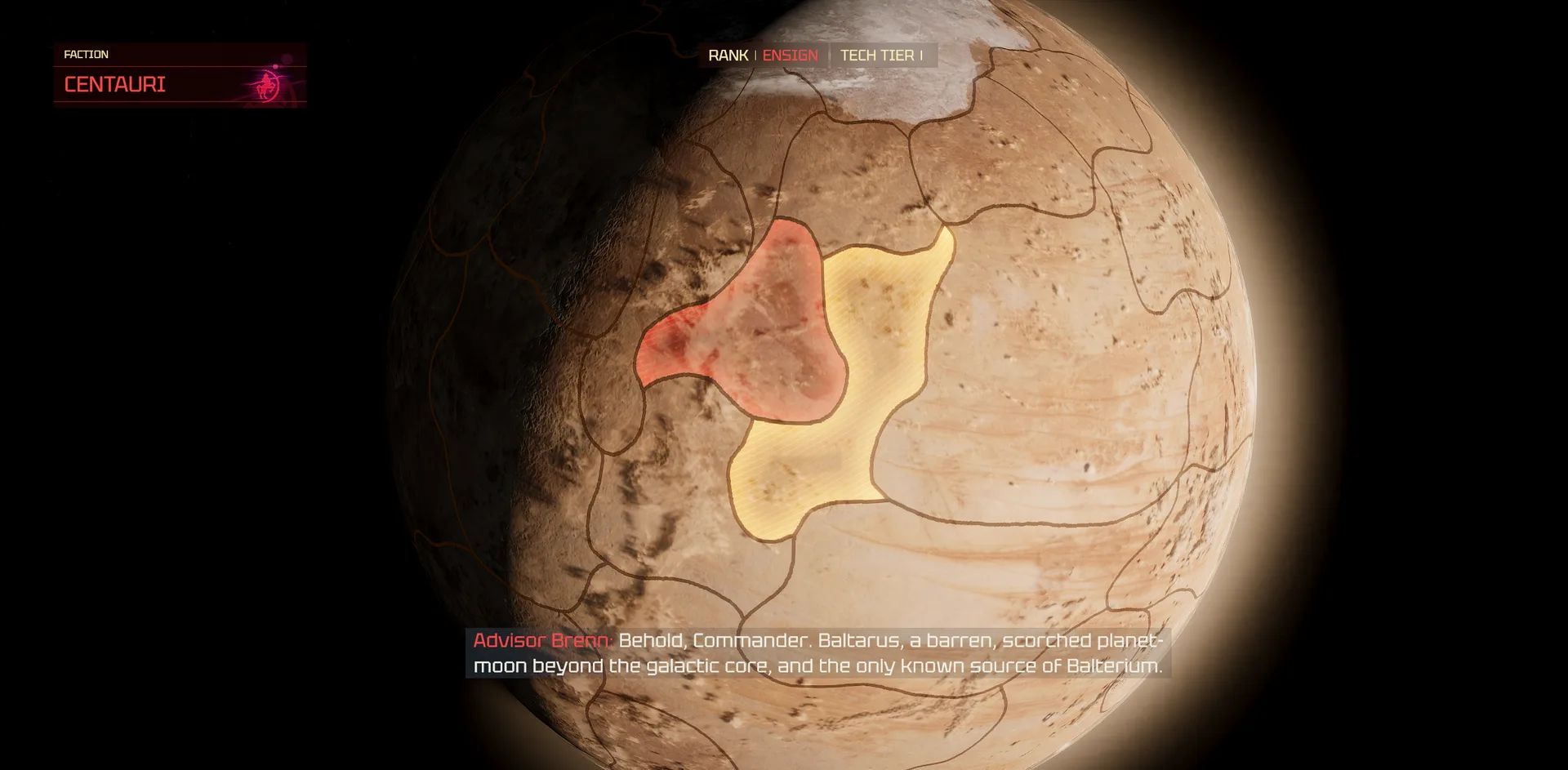 The Centauri campaign war map: the planet-moon Baltarus seen as a 3D globe, with captured territory shaded and Advisor Brenn's subtitle along the bottom