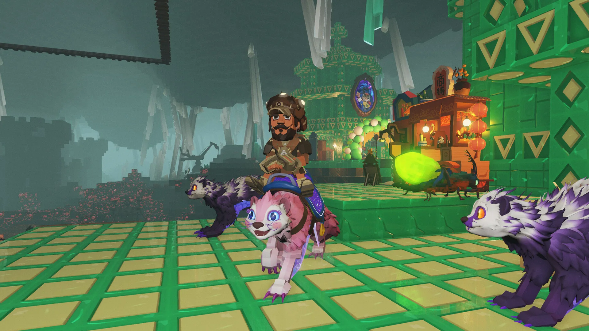 A rider on a tamed creature beside two other tames in a green Terracrypt ruin
