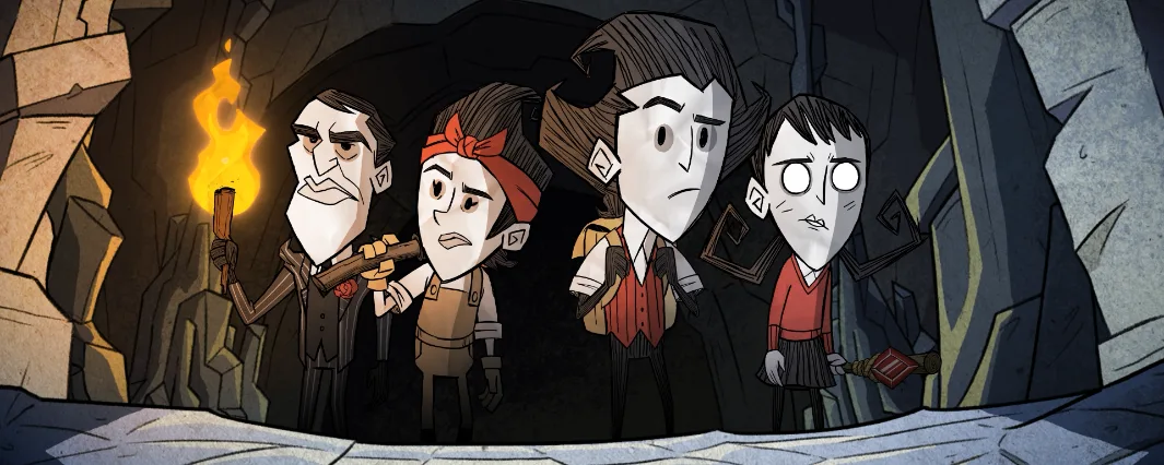Four Don't Starve Together survivors, Maxwell holding a torch, peering out of a dark cave in Klei's Cursed Confrontation Part 2 key art