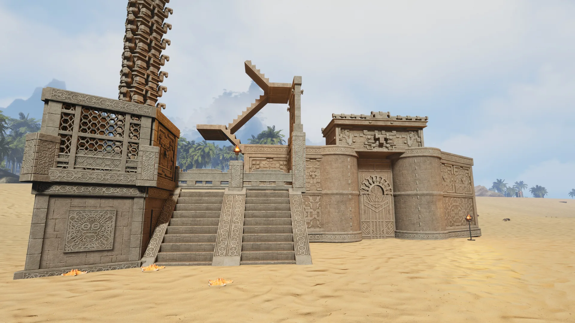 A stepped stone temple with carved walls and a tall tower, built from the Carved Stone set on a desert map