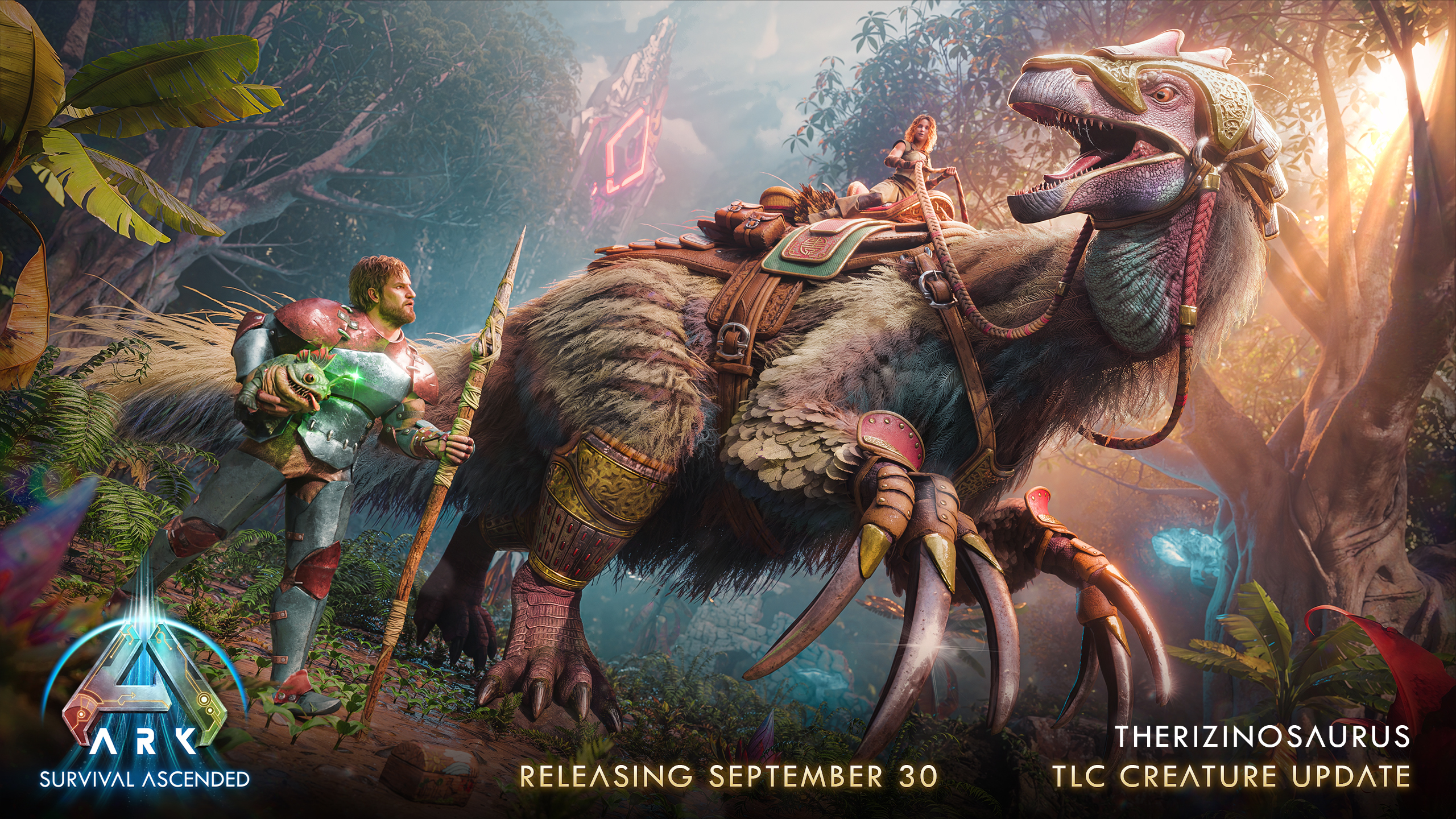 A saddled Therizinosaurus with a rider, beside an armoured survivor, in the Therizinosaurus TLC key art