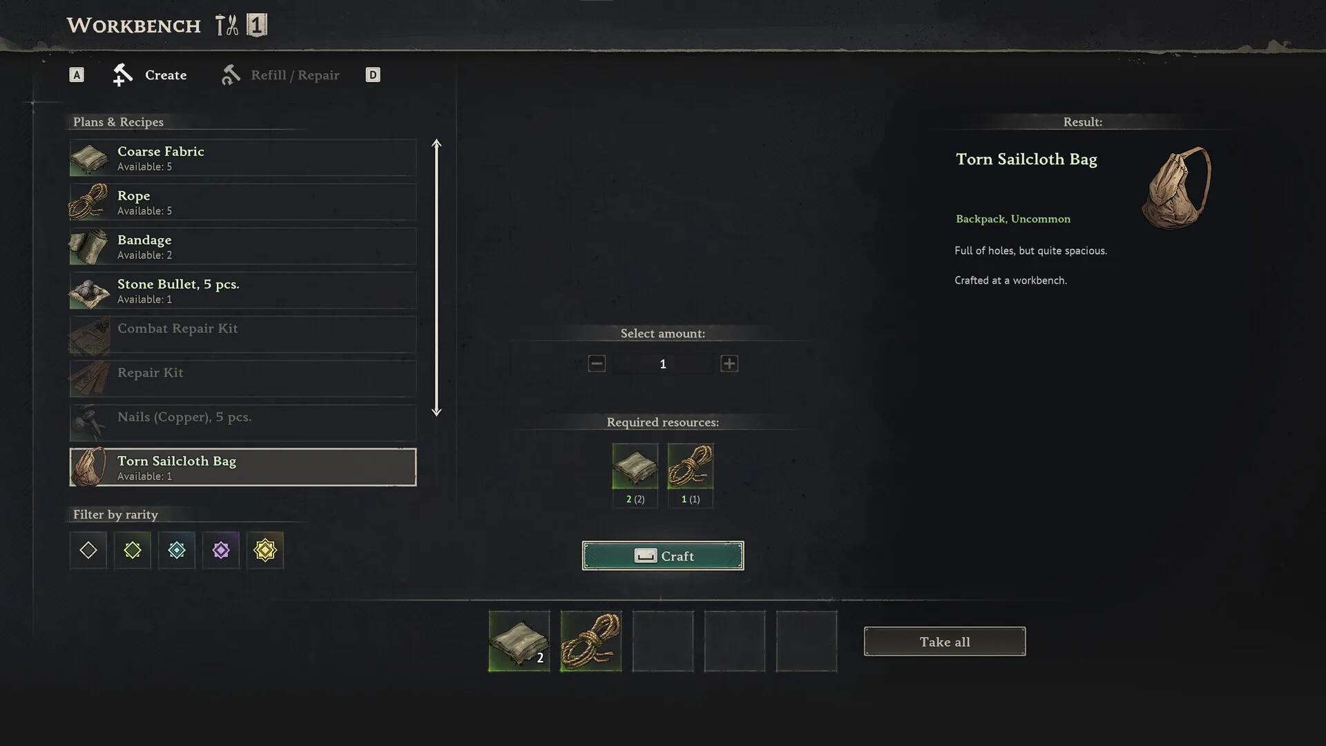 A Windrose workbench crafting screen showing plans, recipes and a Torn Sailcloth Bag backpack