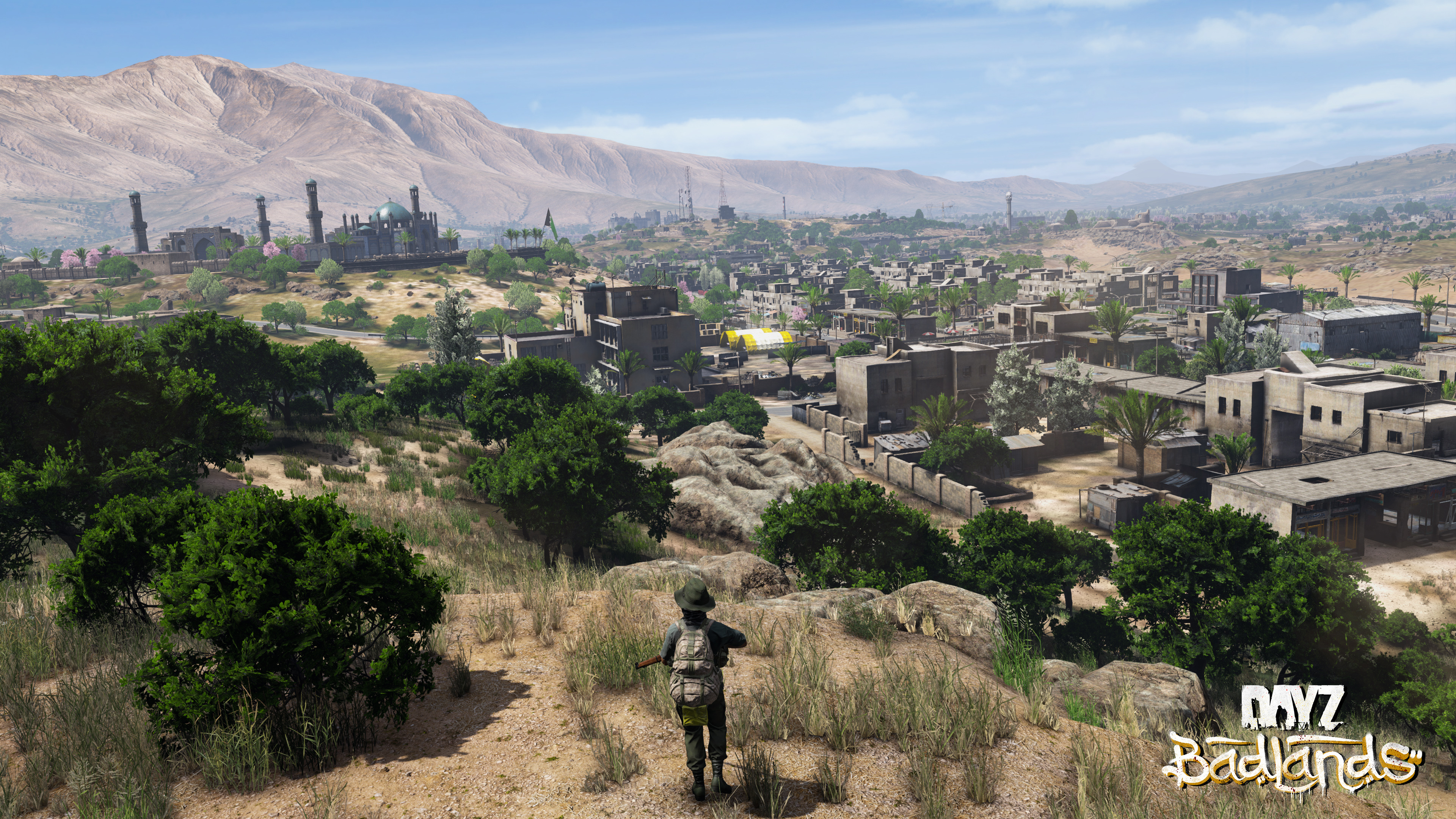 Nasdara Province in DayZ Badlands: a survivor on a ridge above a town of mud and stone houses, with mountains behind