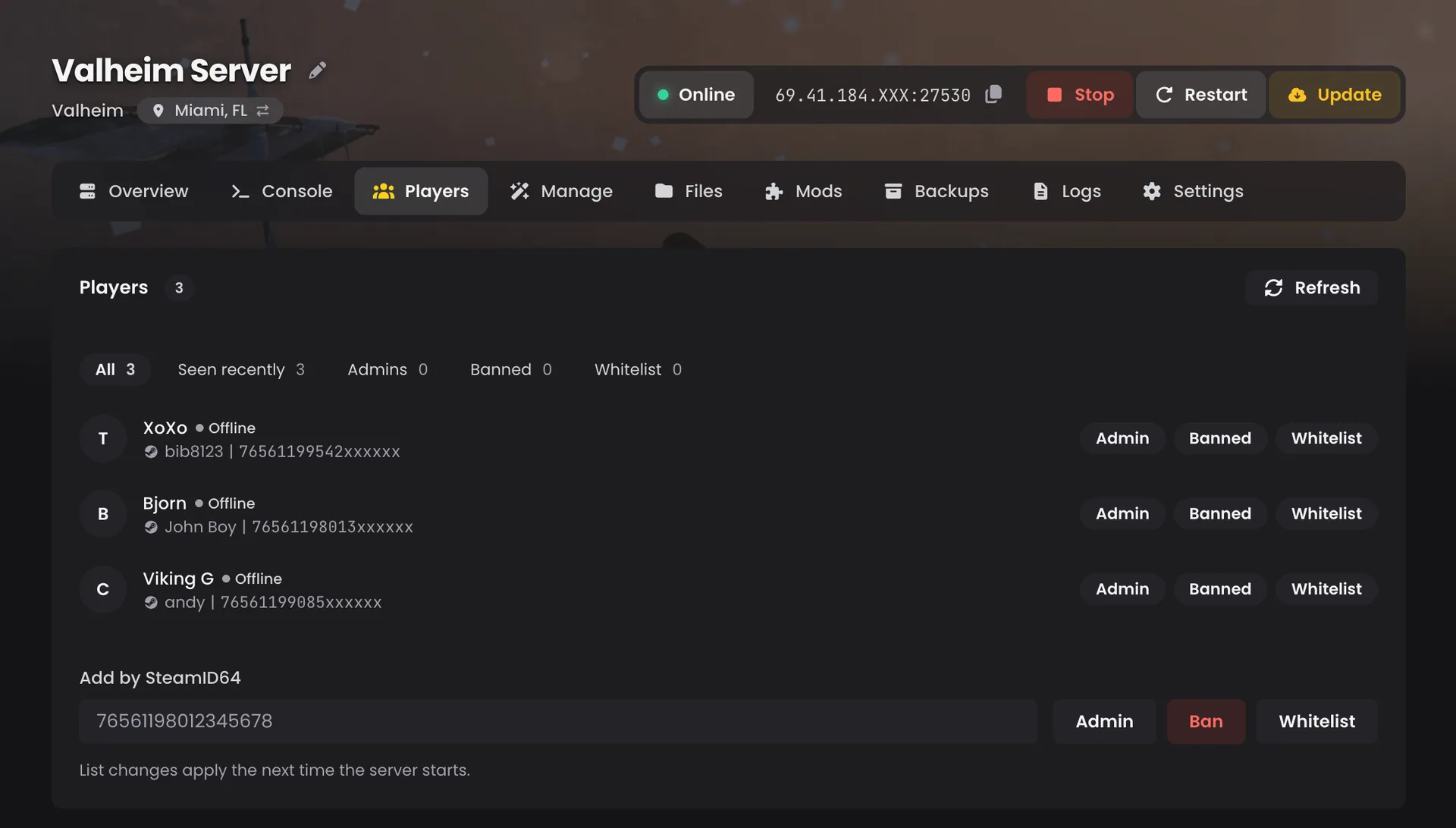 The Players tab in the LOW.MS control panel