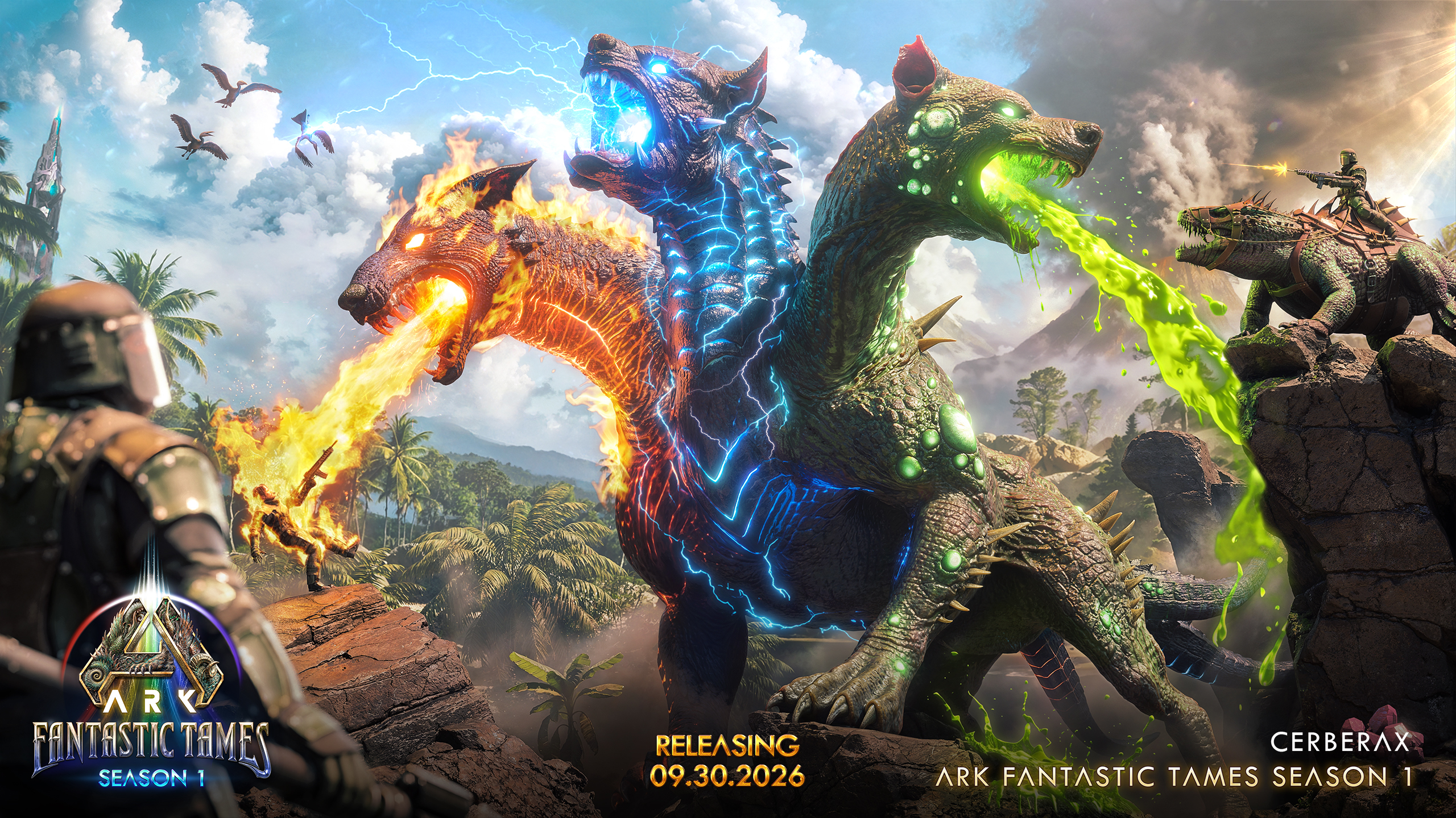 Cerberax, a three-headed canid breathing fire, lightning and venom, in ARK: Survival Ascended key art