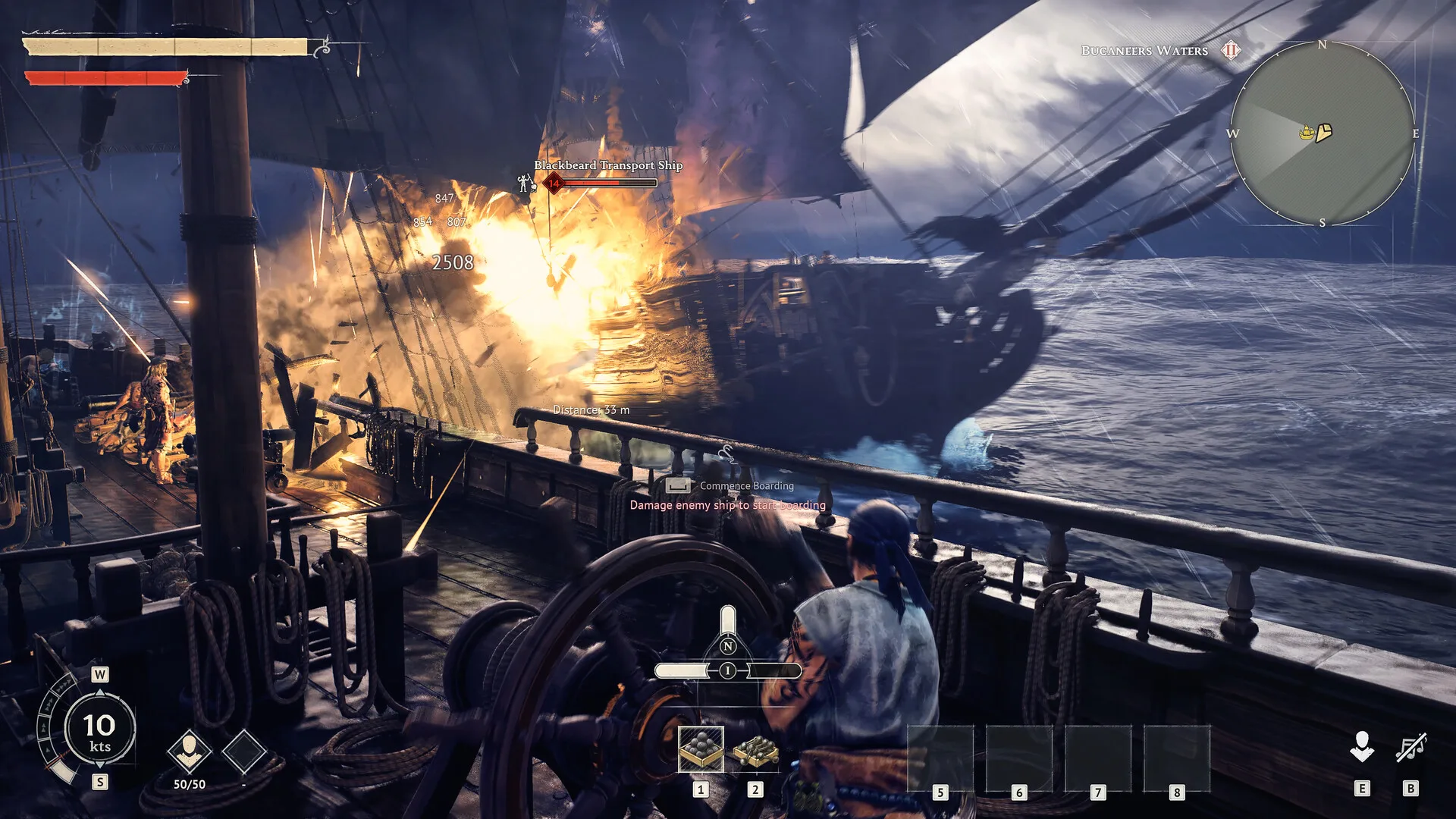 A Windrose ship battle at night with cannon fire