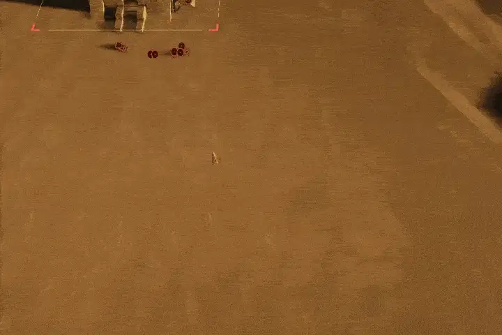 Top-down commander view of units on the sand taking a line formation order, with red markers showing where each unit will stand