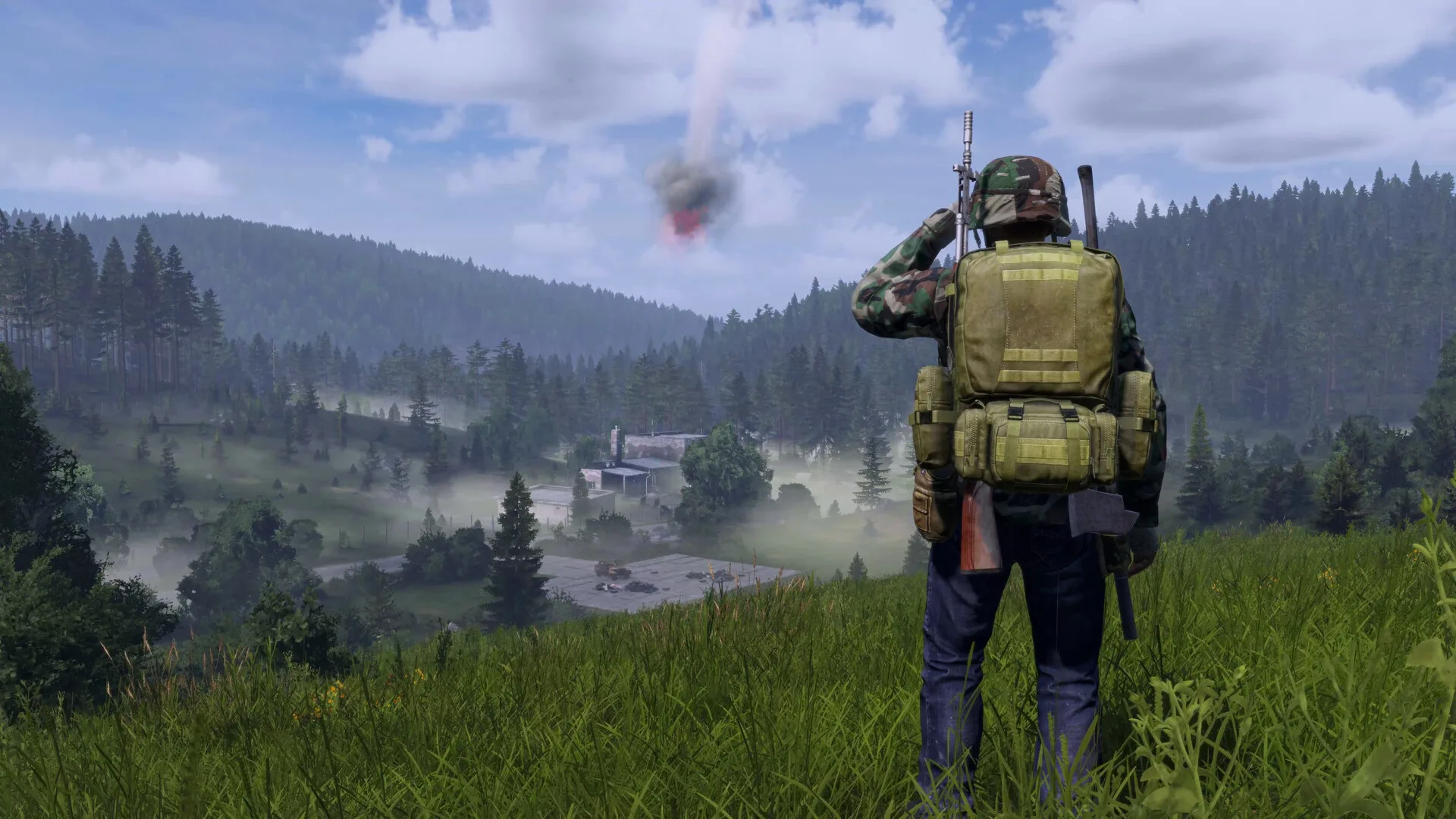 A survivor in a field watching smoke rise from a crash site on the hills