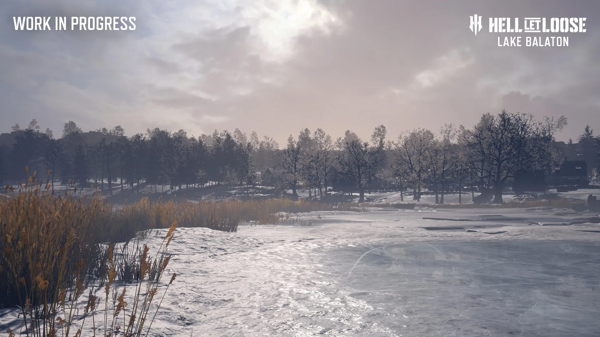 A frozen lake edged with reeds and bare trees under a pale winter sky, from Hell Let Loose's Lake Balaton map