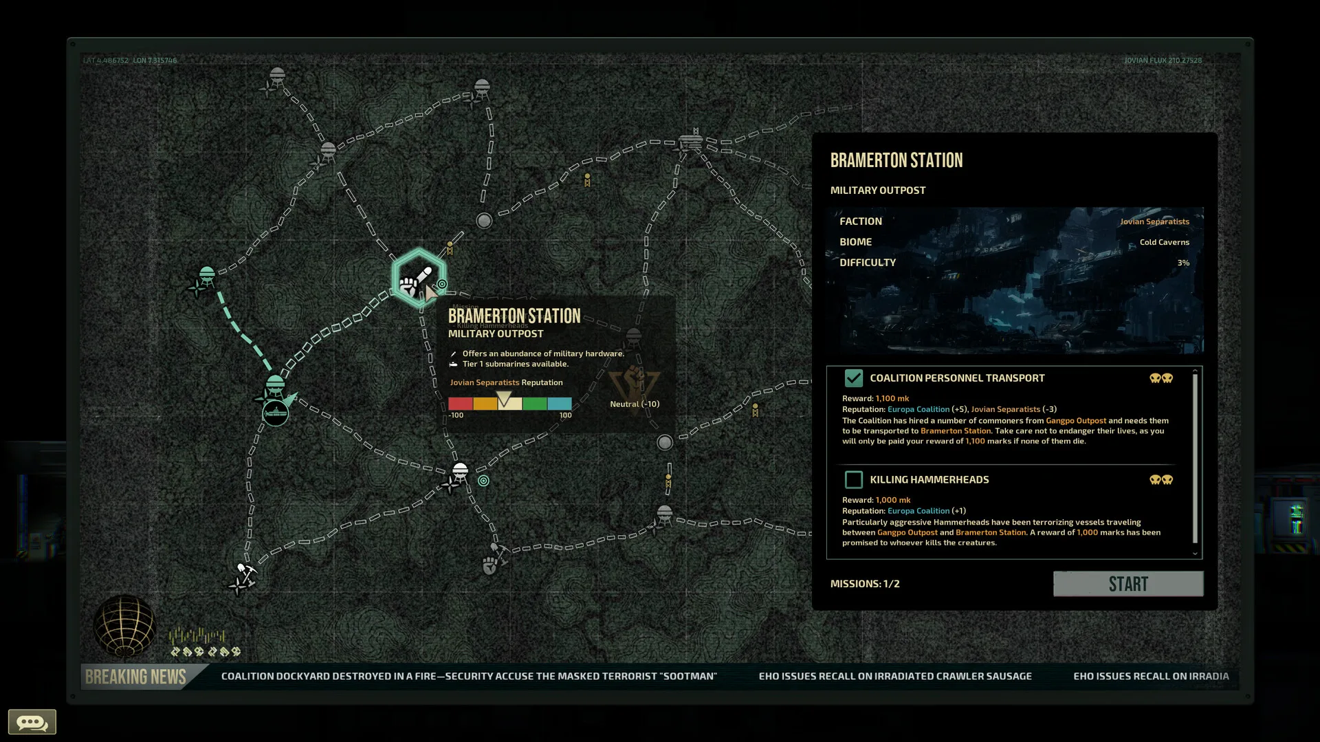 A Barotrauma campaign map with a station selected