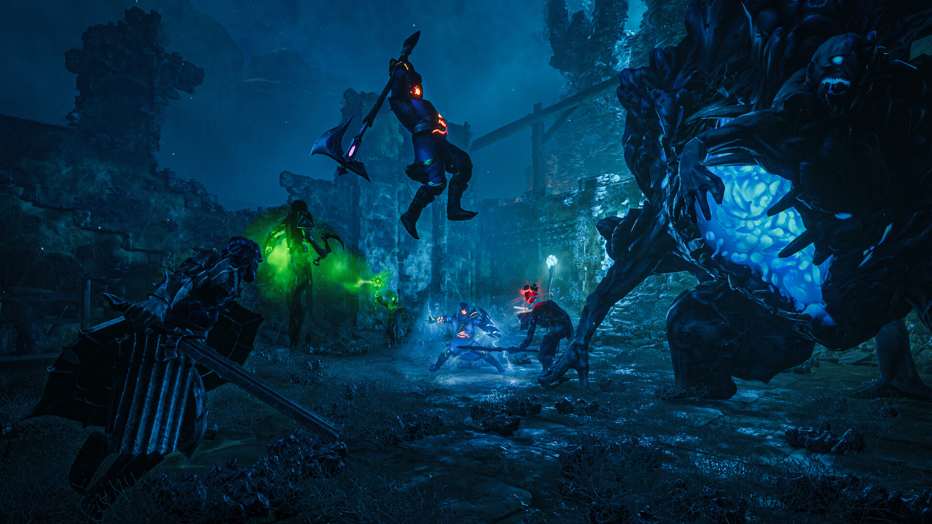 A Flameborn leaping into an attack while a mage casts in an Enshrouded dungeon