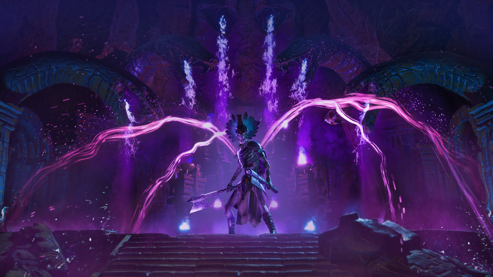 A sorcerer channelling violet lightning in a dark temple in Conan Exiles Enhanced