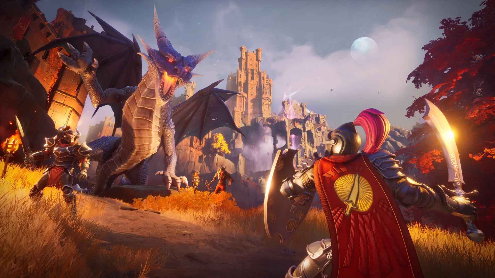 A Dragonwilds player with a shield and sword facing a winged dragon outside a ruined castle