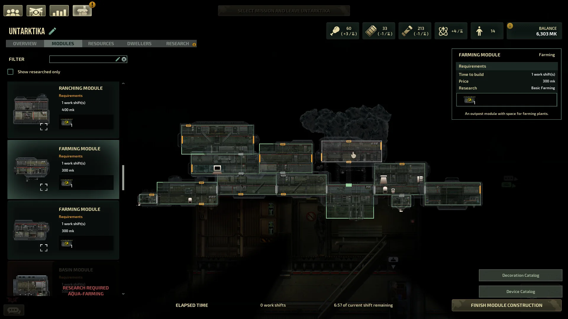 The Home & Harbor outpost construction screen with farming modules listed