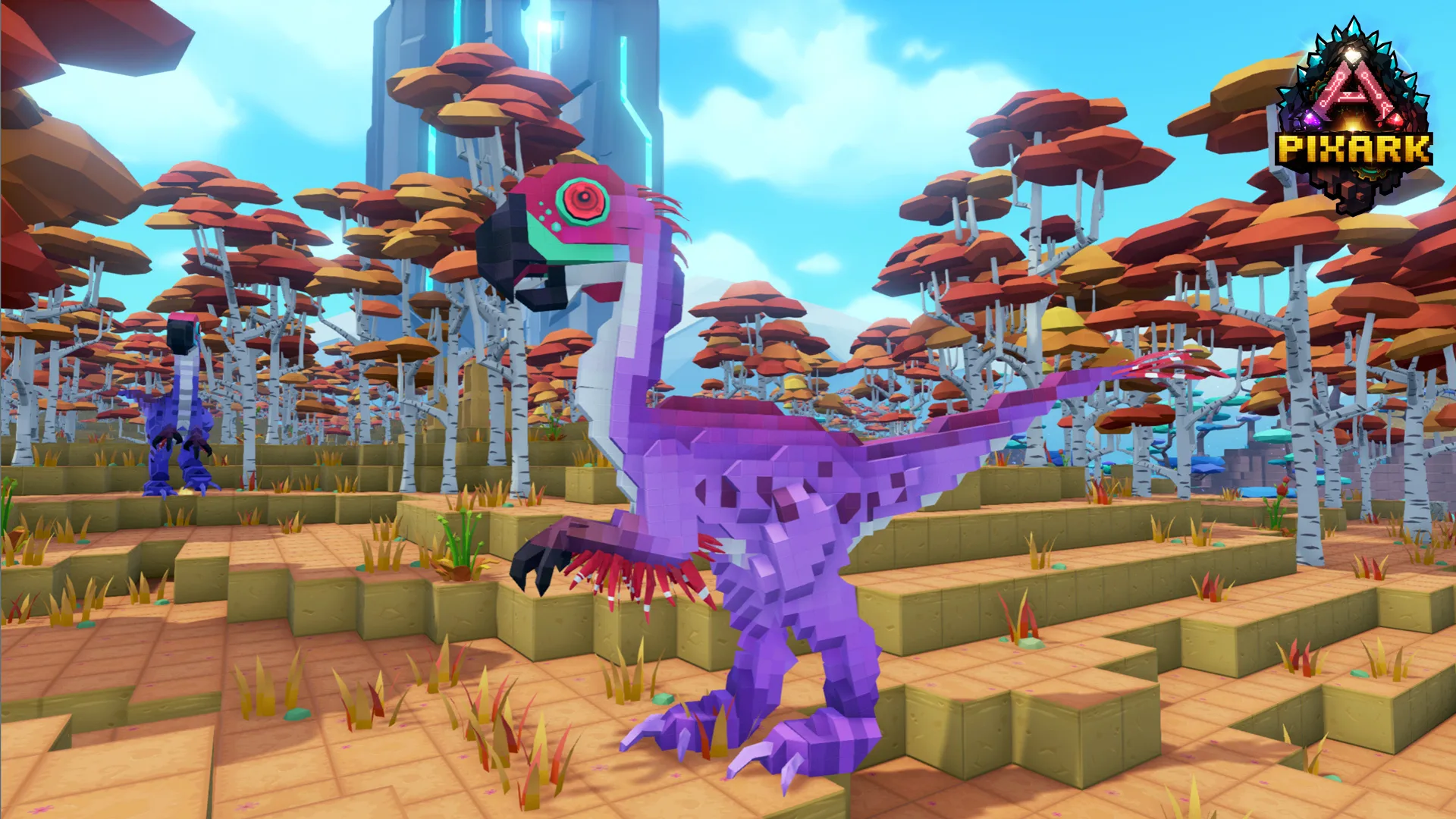 A purple Gigantoraptor in an autumn-coloured PixARK forest