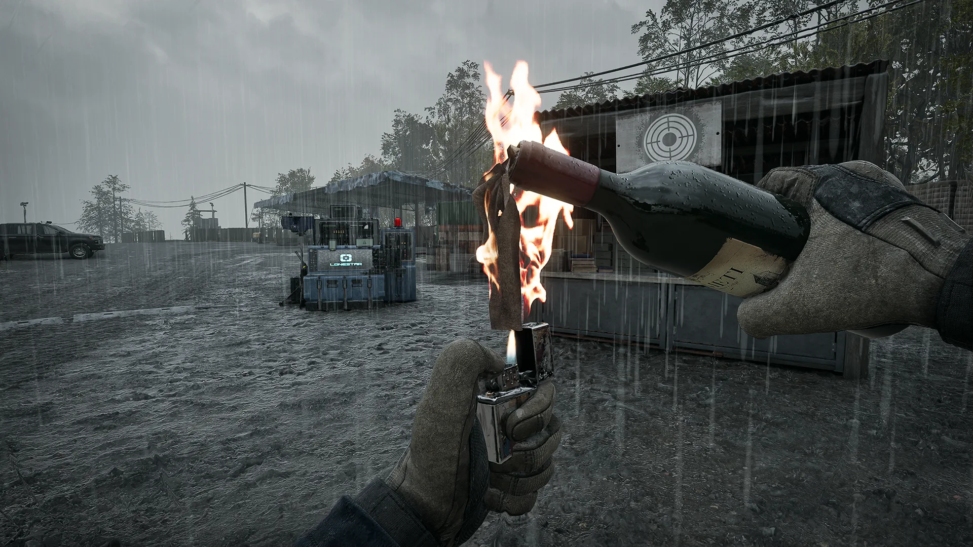 A Molotov cocktail being lit in the rain