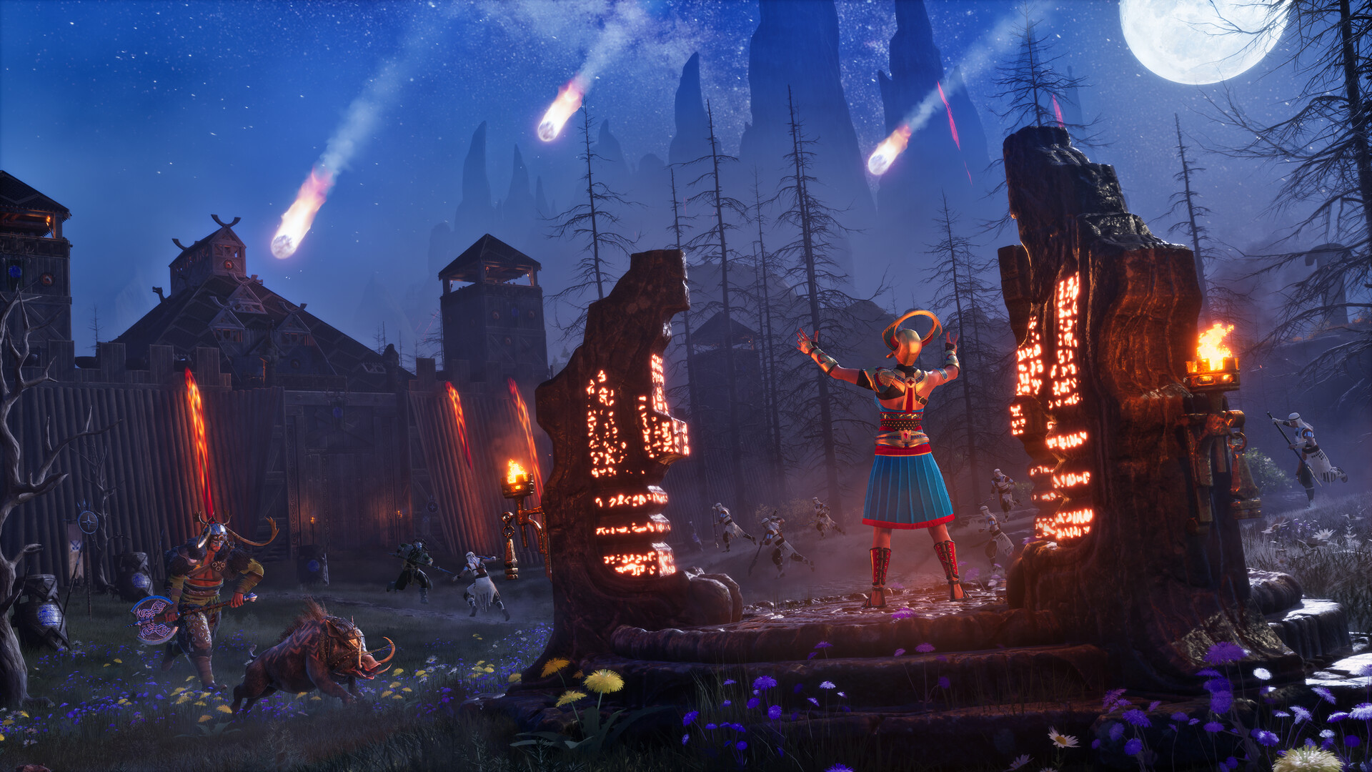 A Conan Exiles base under attack at night