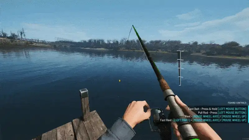 A first-person view of a prisoner casting a fishing rod from a wooden jetty in SCUM, with the new fishing controls on screen