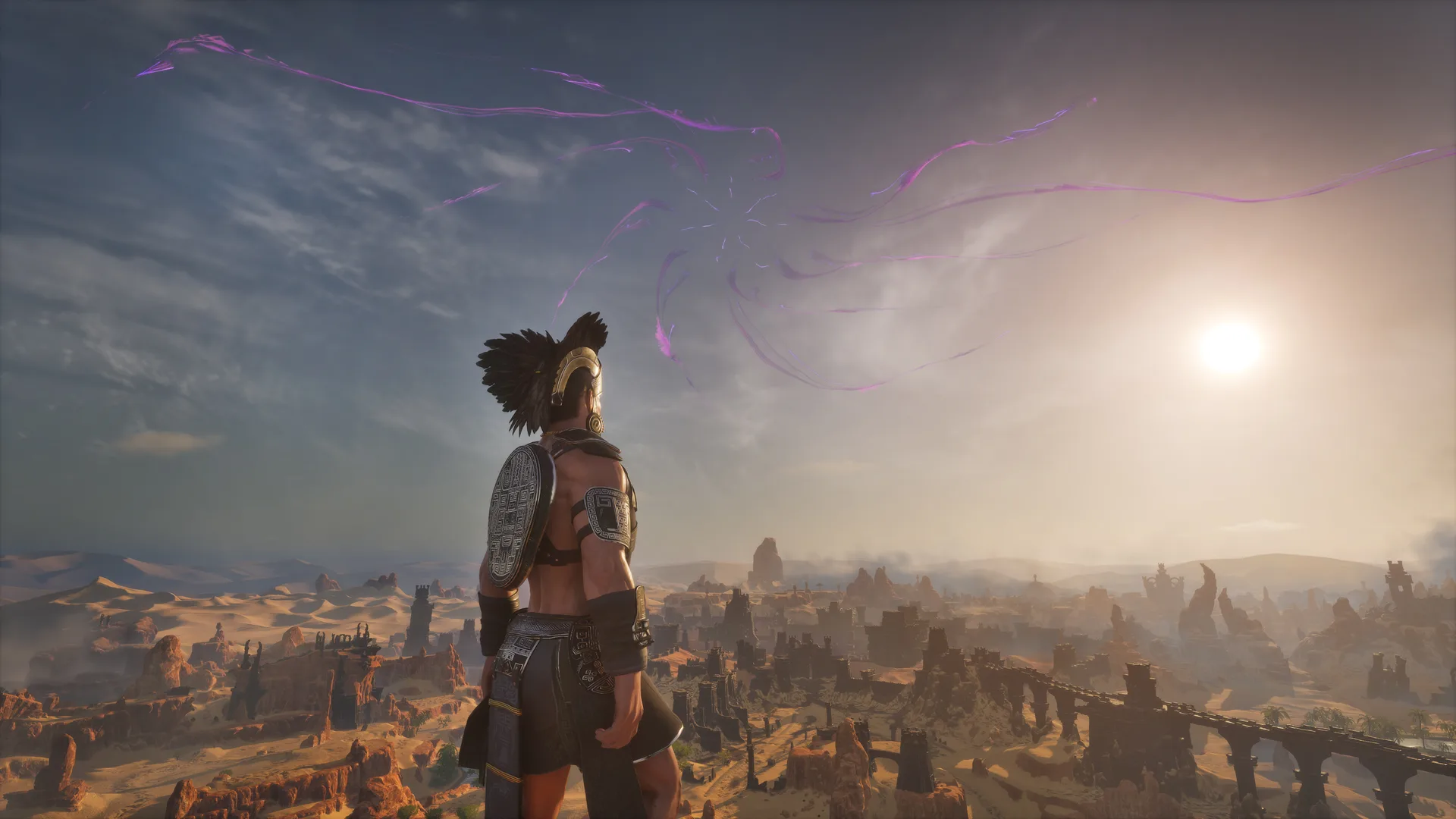 A warrior in a feathered helm looks out over the Exiled Lands as purple rifts tear across the sky, in Funcom's Legacy of the Giant-Kings Part Two key art