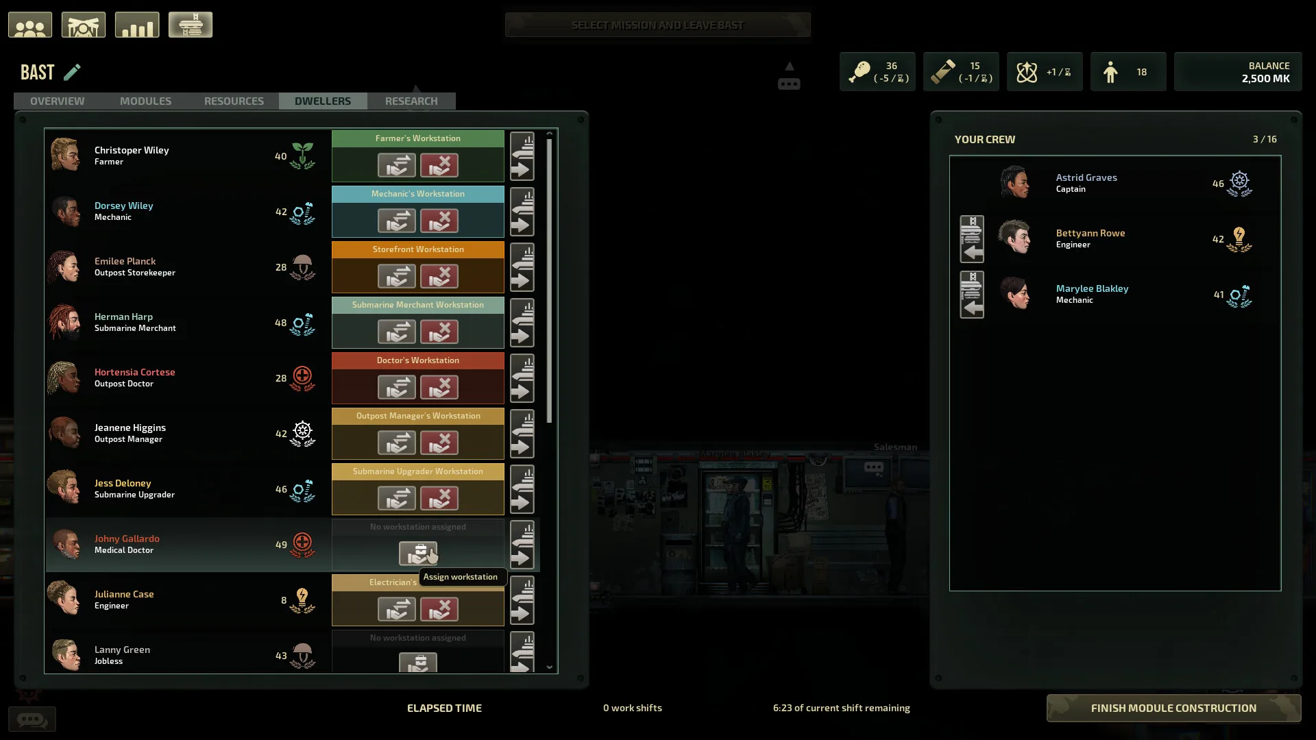 A Home & Harbor outpost management screen listing NPC inhabitants and their jobs