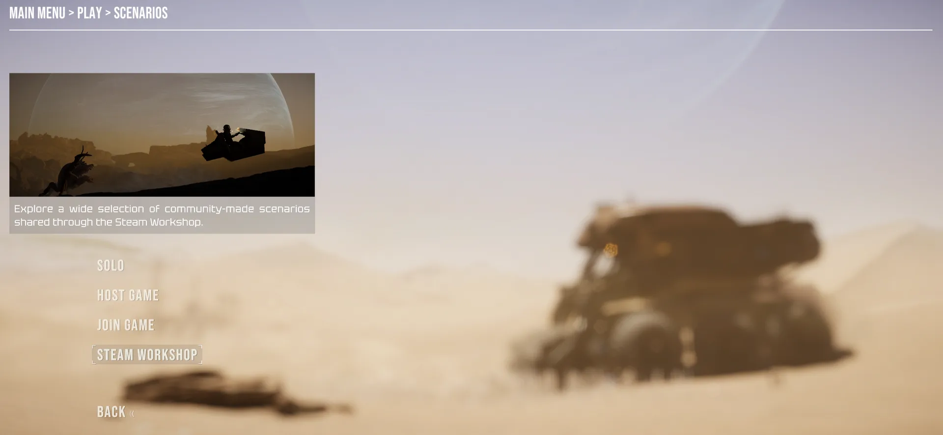 The Scenarios menu in Silica showing Solo, Host Game, Join Game and Steam Workshop options