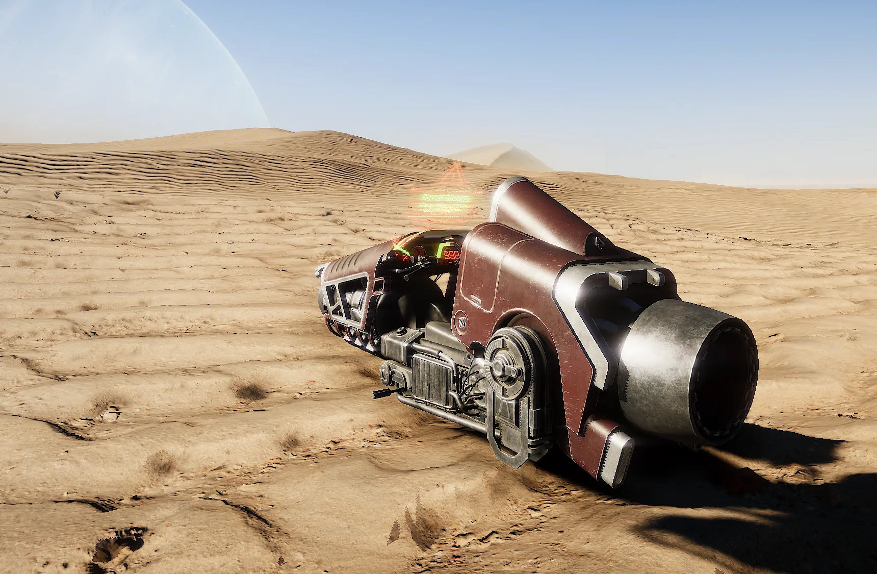 The Centauri Jet Bike, a long red hover bike with a large rear thruster, parked on a sand dune