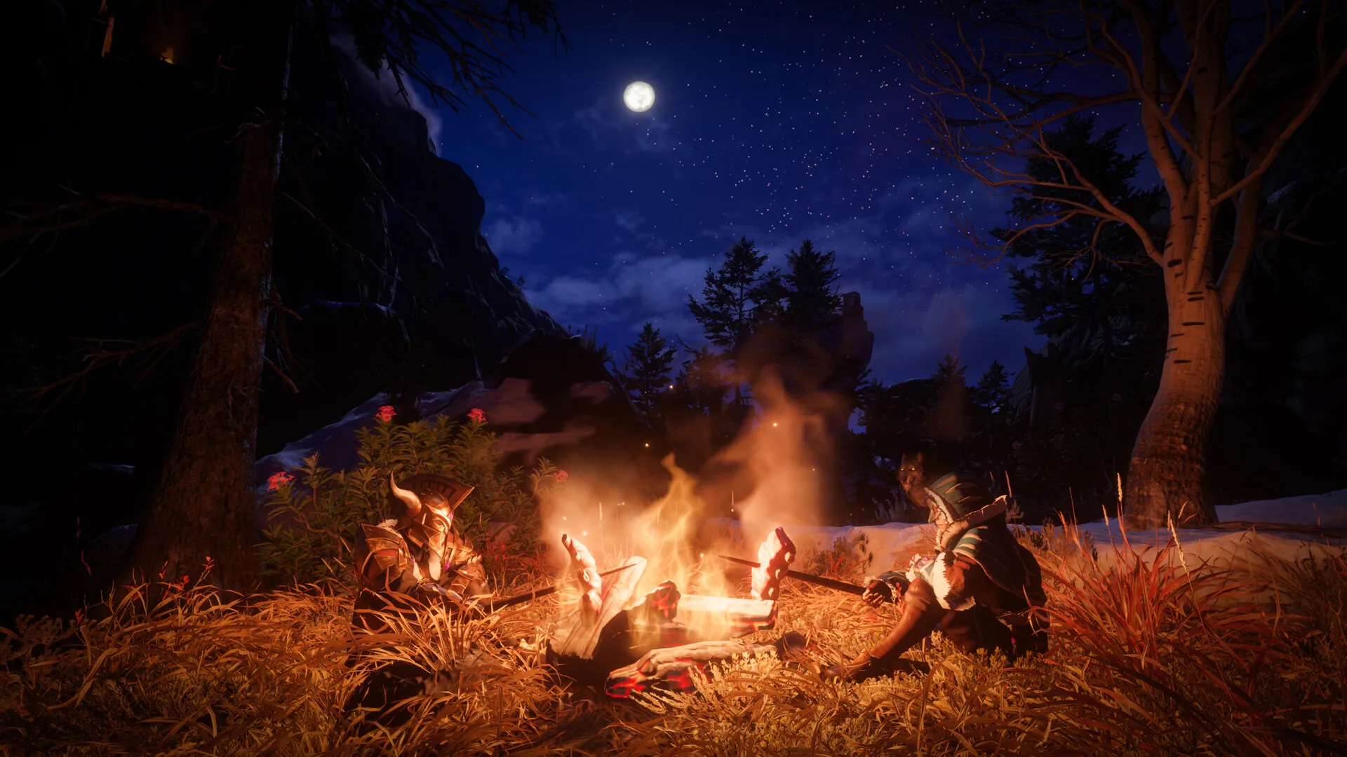 Two Enshrouded players sitting by a campfire at night