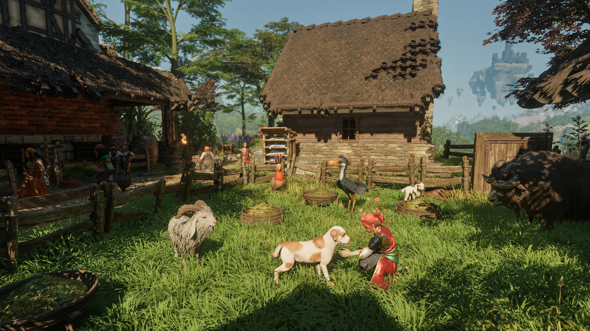 Farm buildings and animals in an Enshrouded settlement on a sunny day