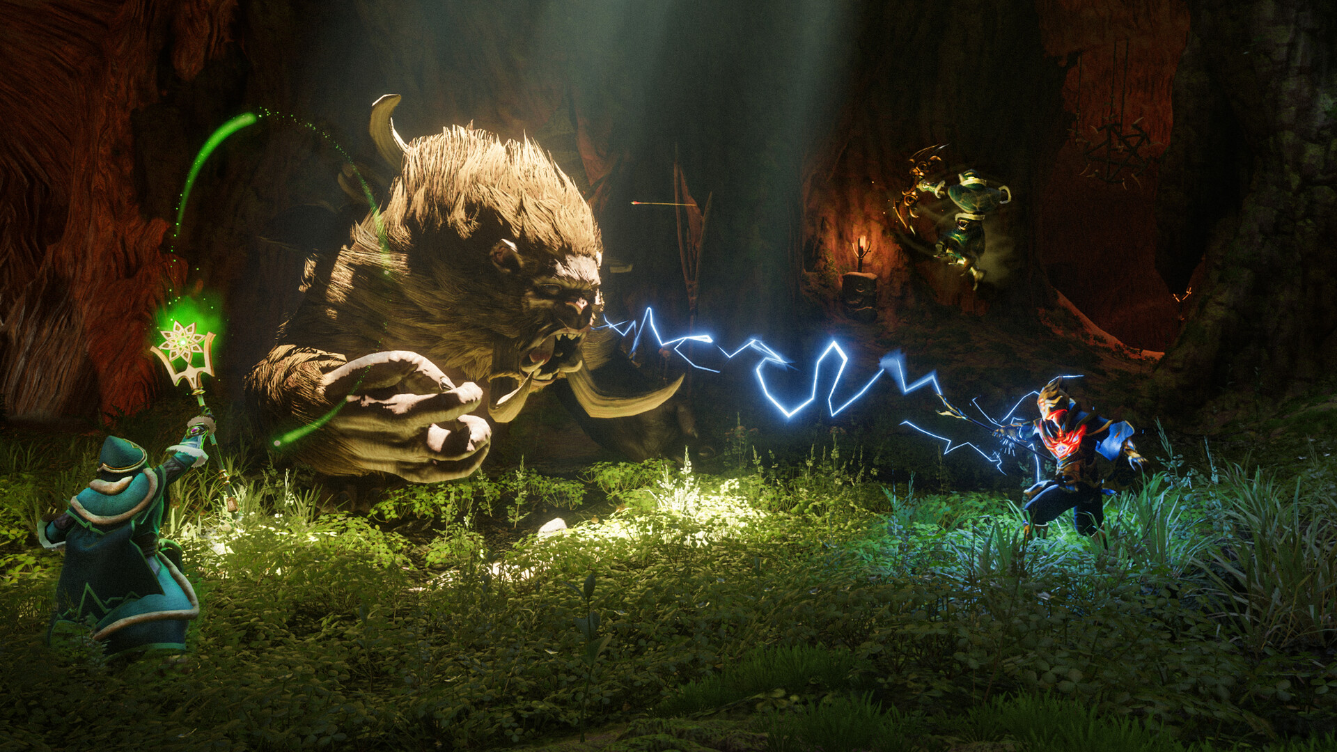 A mage casting lightning at a large creature in Enshrouded