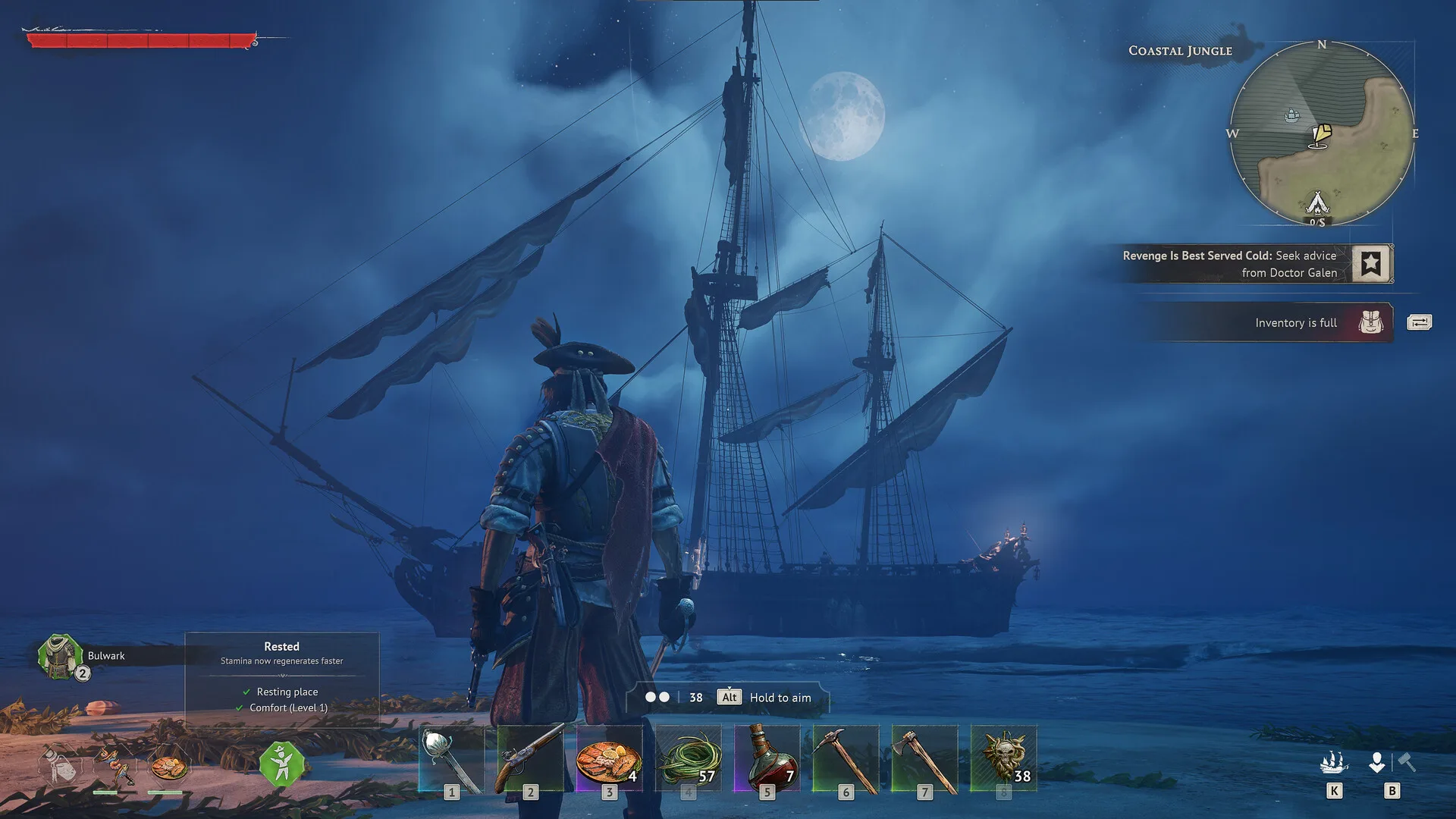 A Windrose captain on a moonlit beach looking out at an anchored galleon