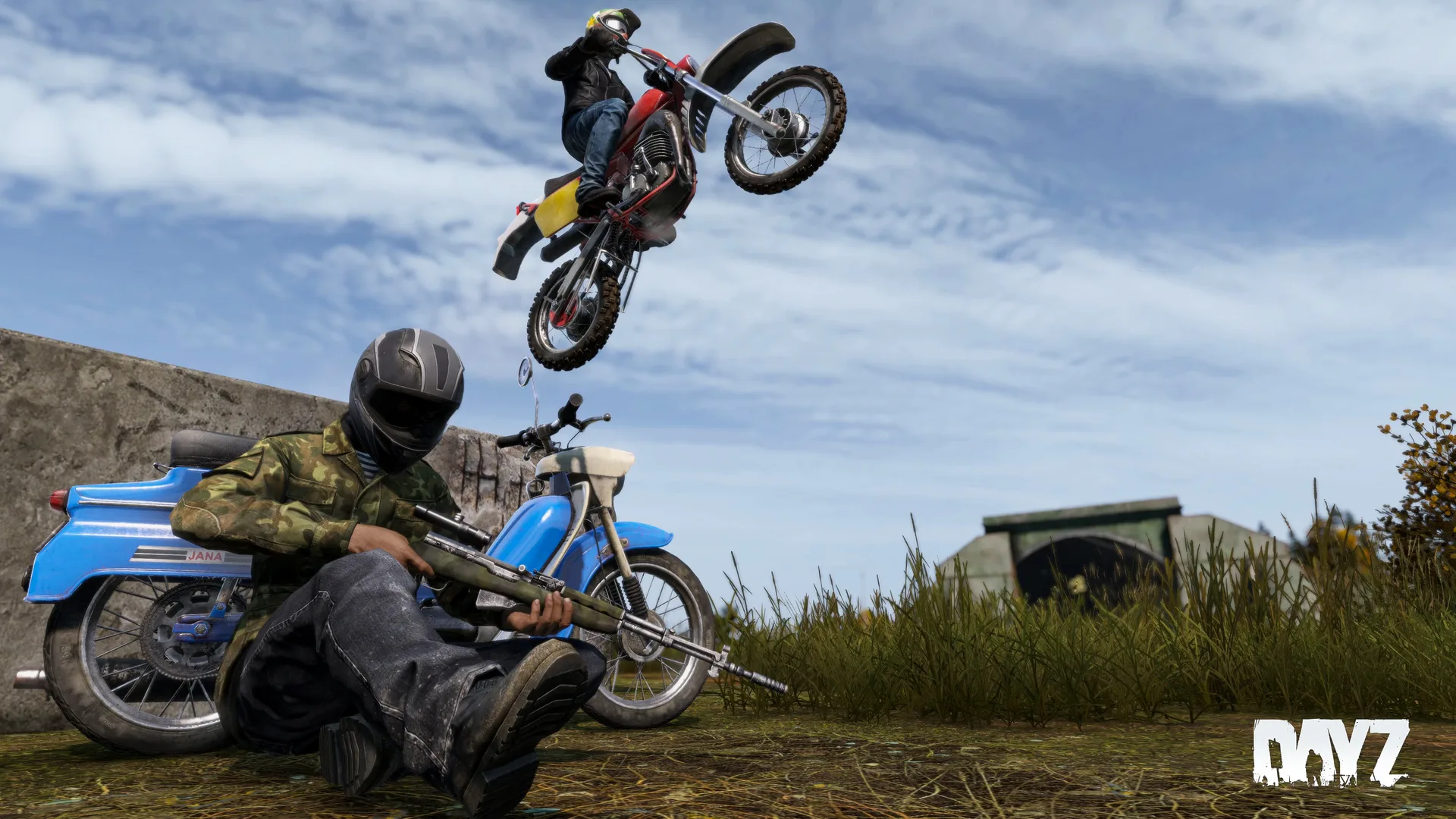 A rider resting against a blue moped while a second rider jumps a dirt bike overhead, from the Update 1.30 key art