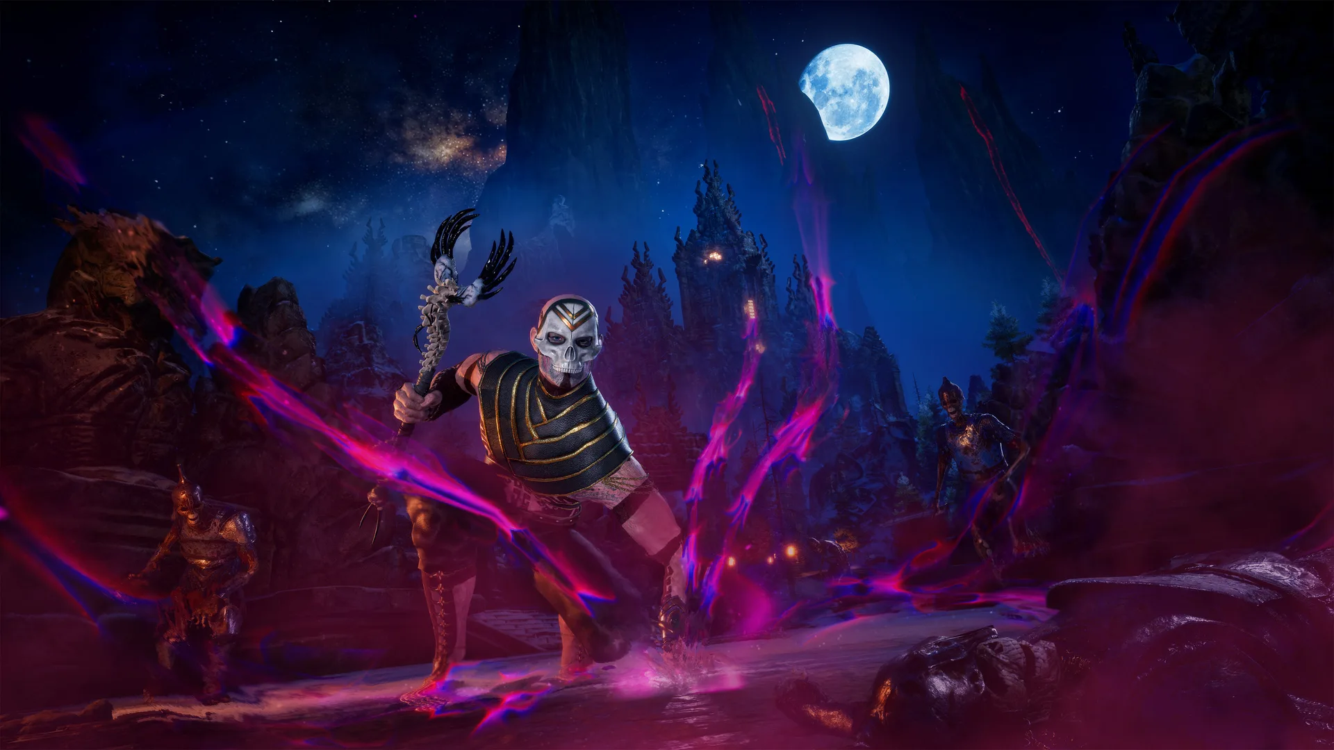 A masked sorcerer with a bone staff crouches as violet void energy spreads around him under a full moon, in Conan Exiles Legacy of the Giant-Kings Part Two