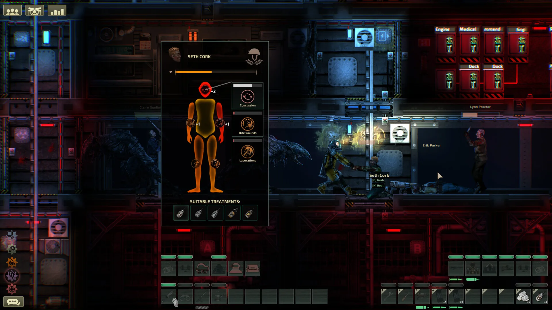 Barotrauma's health interface showing a crew member's injuries