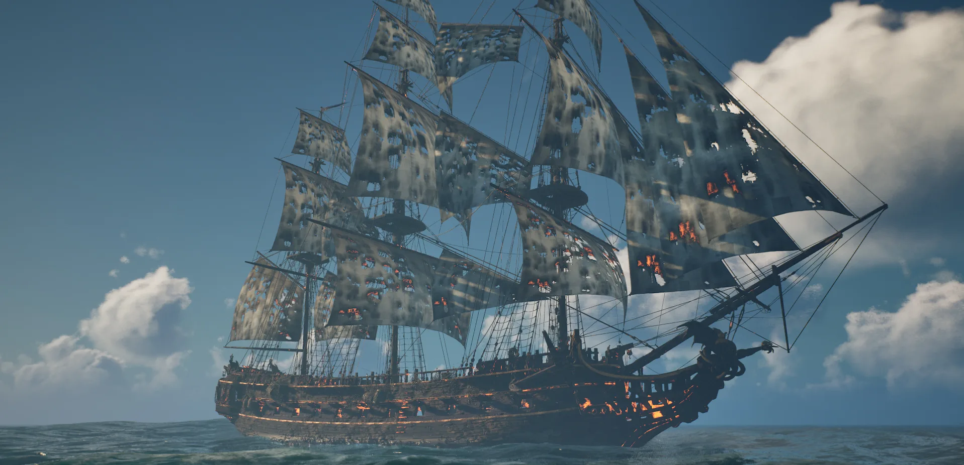 A Brethren of the Coast Galleon under sail, with burning sails from the new ship damage effects