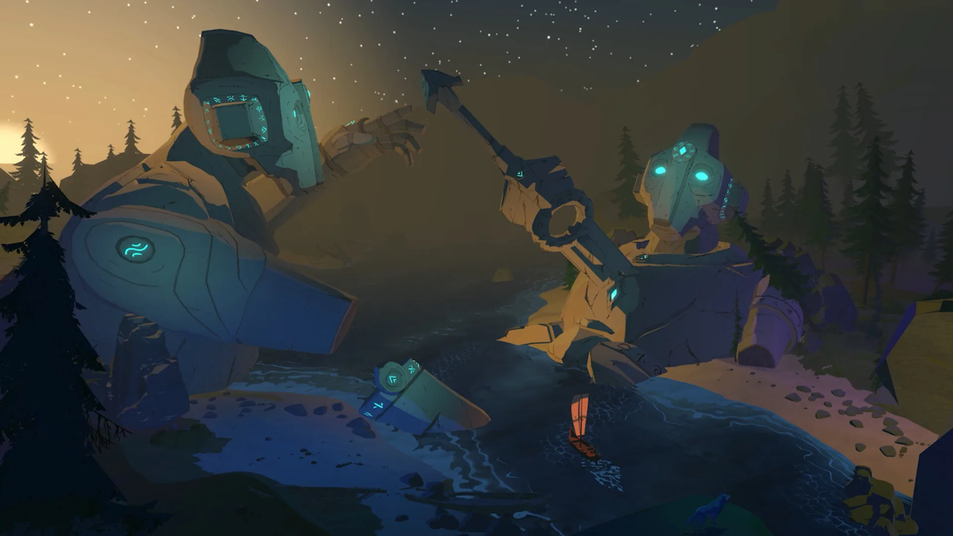 Two giant stone titans looming over a river at dusk, with a small sailing boat between them