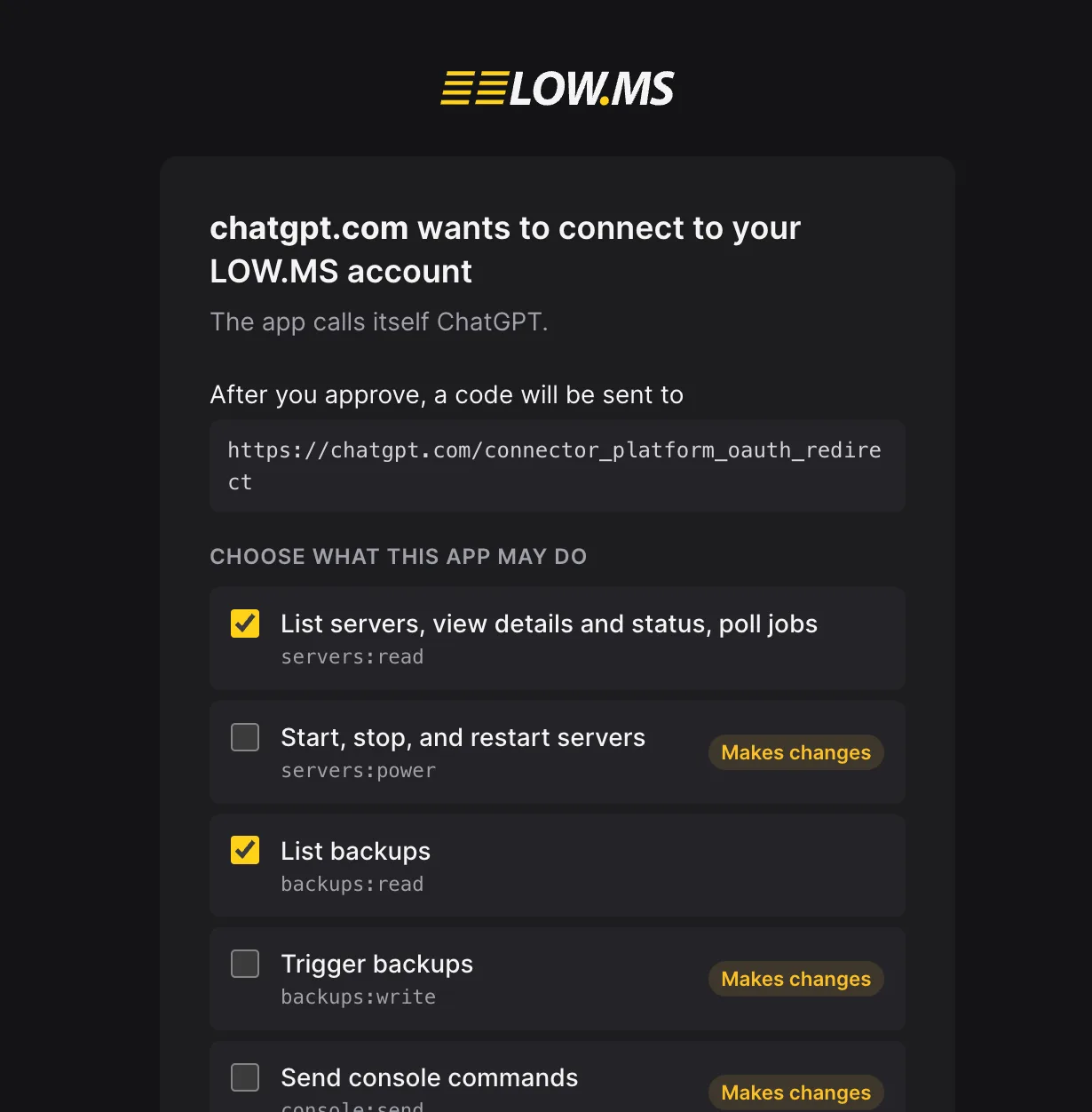 Managing a LOW.MS server through an AI assistant