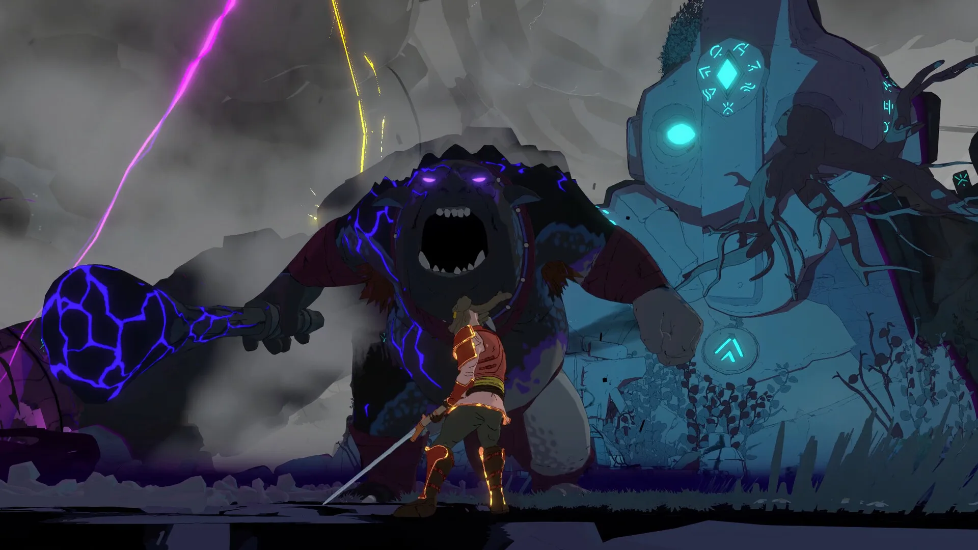 A Stormforge player with a sword facing a huge storm-charged creature under purple lightning, with a stone titan behind it
