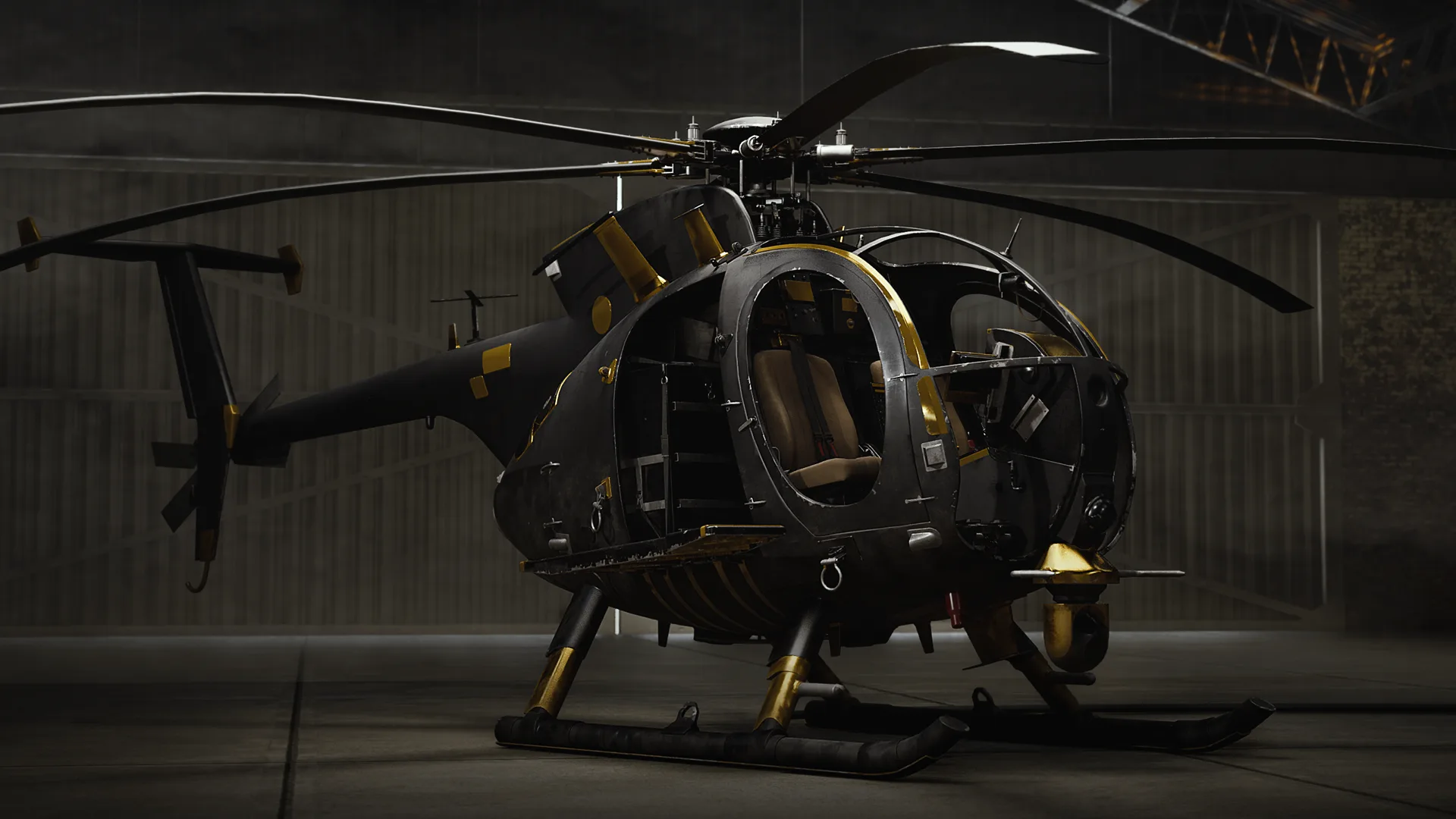 The Little Bird helicopter in its Black and Gold Season 2 camo