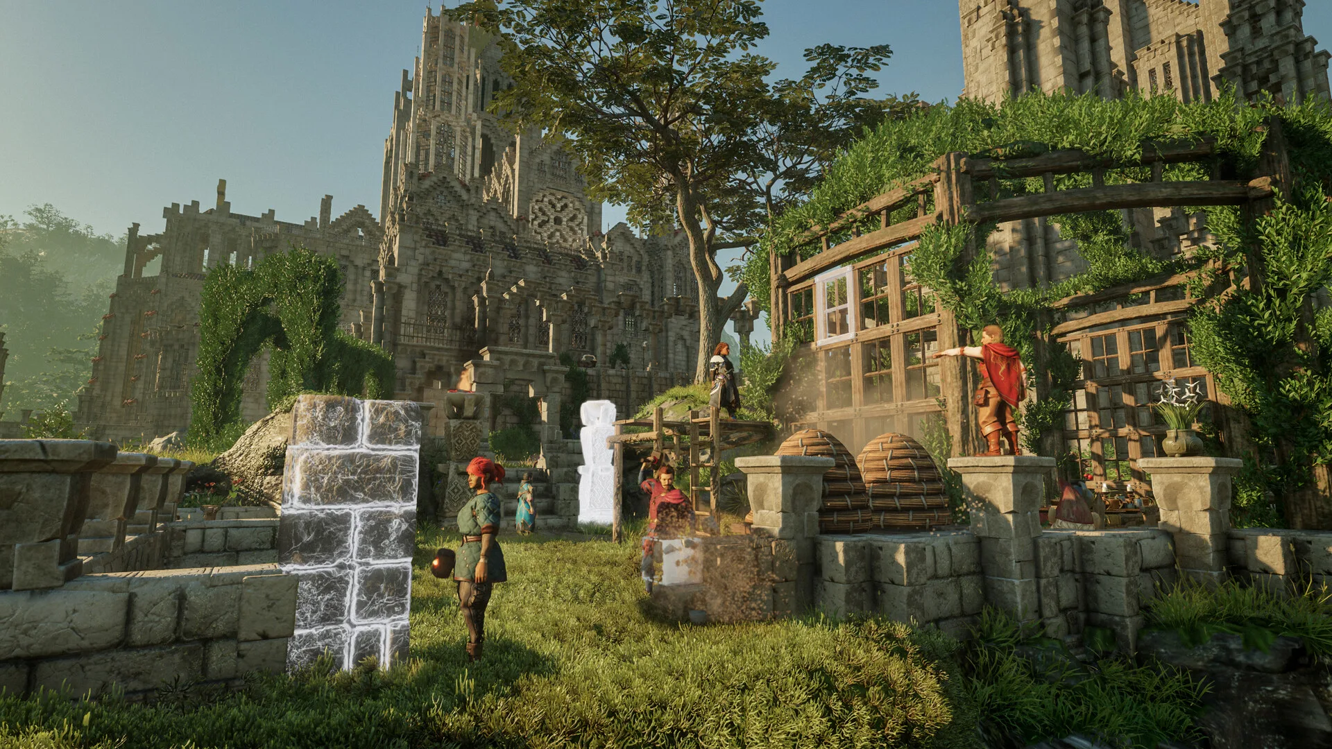 A timber and stone base in Enshrouded, with a tower and houses built around a courtyard